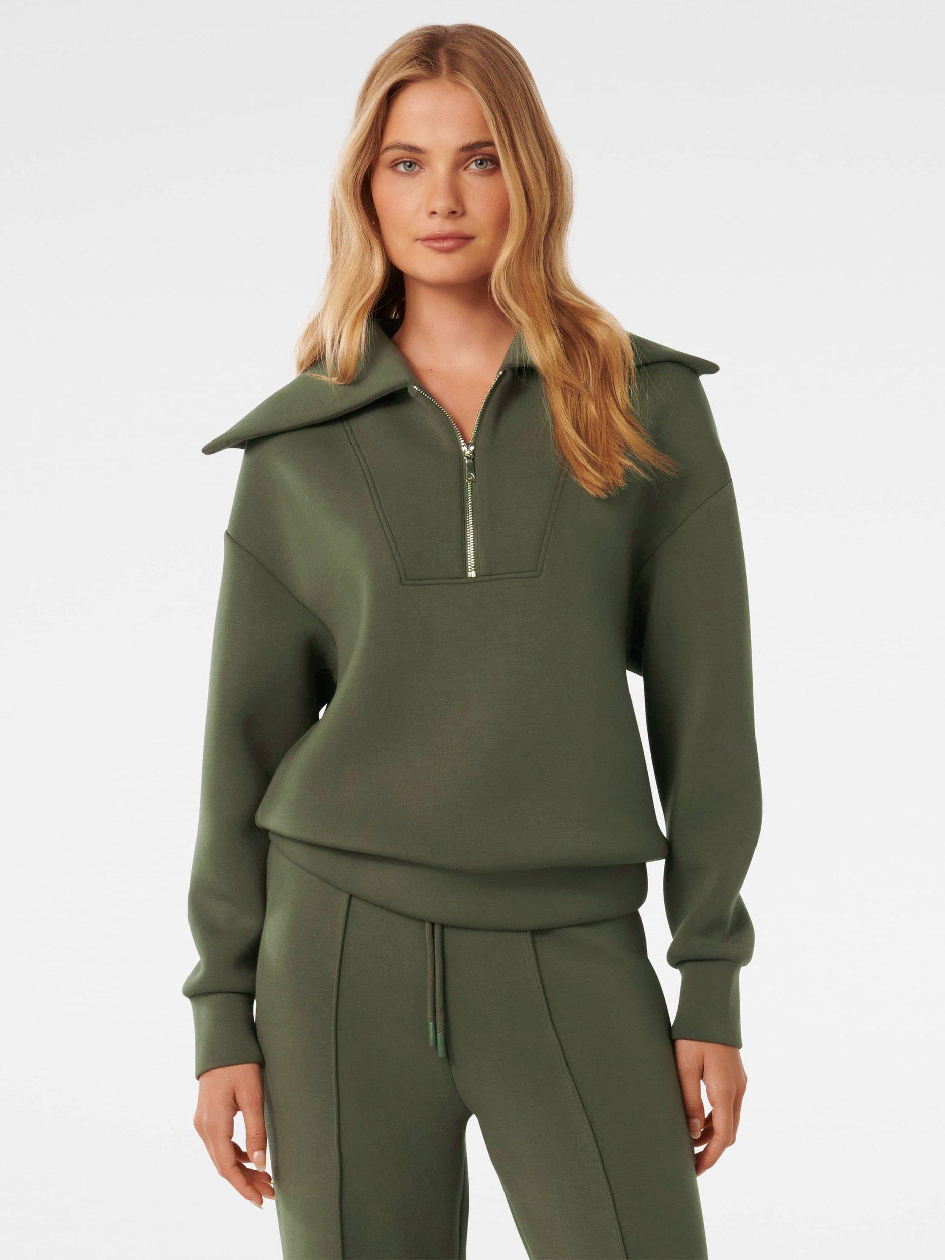 Product image 1 of 5, which shows Forever New Tiana Lounge Zip Front Sweatshirt, Olive Green, XXS