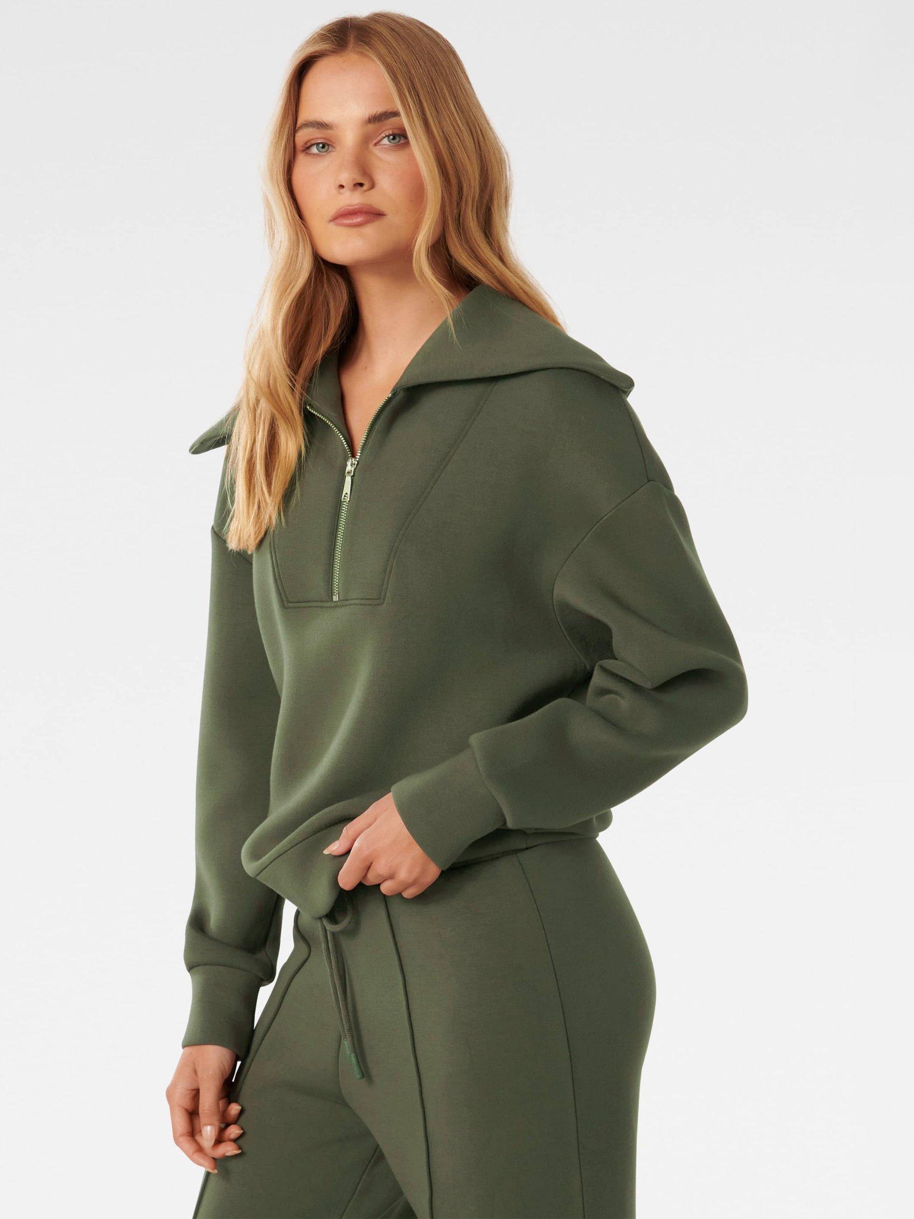 Product image 3 of 5, which shows Forever New Tiana Lounge Zip Front Sweatshirt, Olive Green, XXS