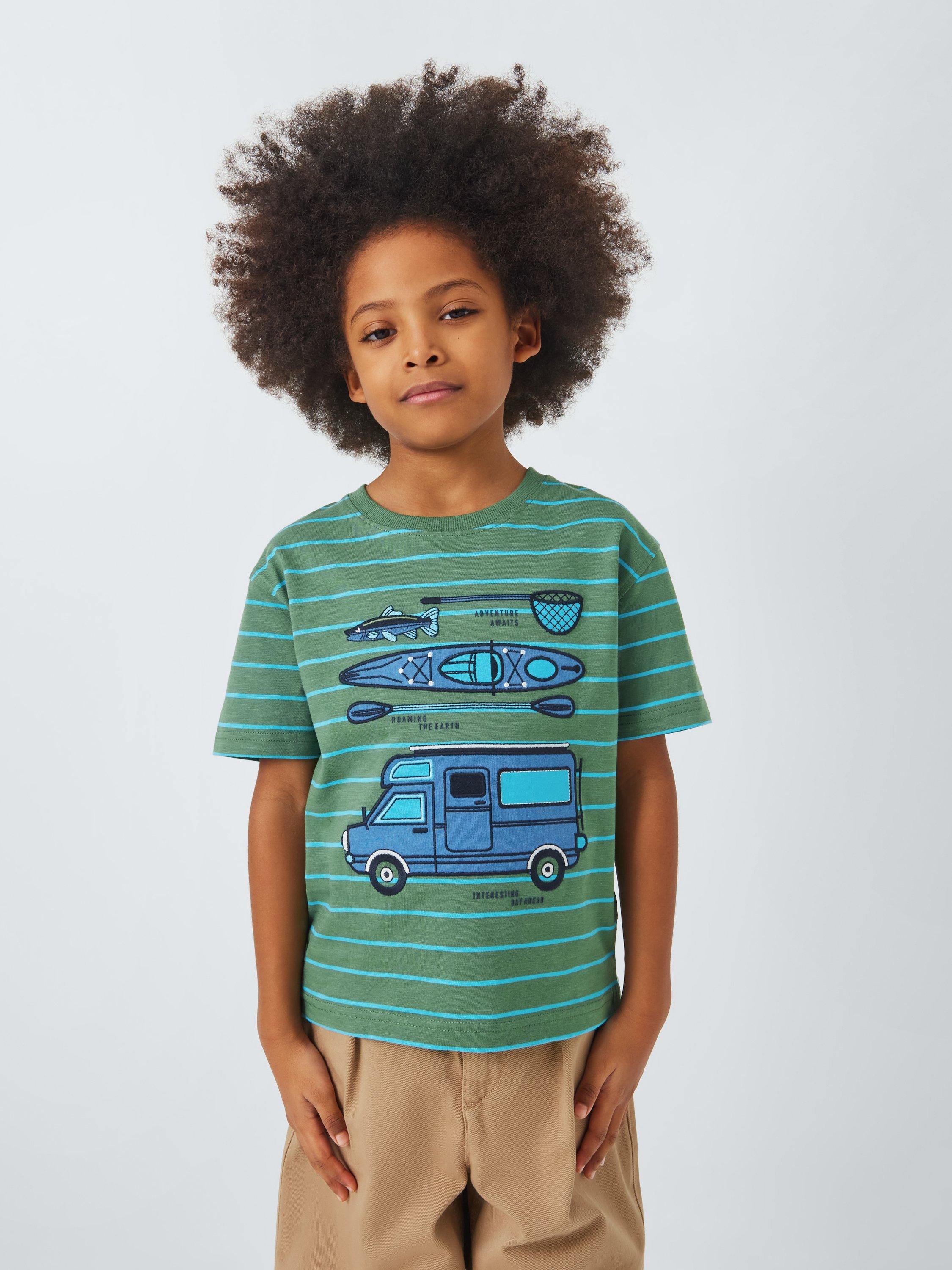 Product image 1 of 6, which shows John Lewis Kids' Camper Stripe T-Shirt, Green, 2 years