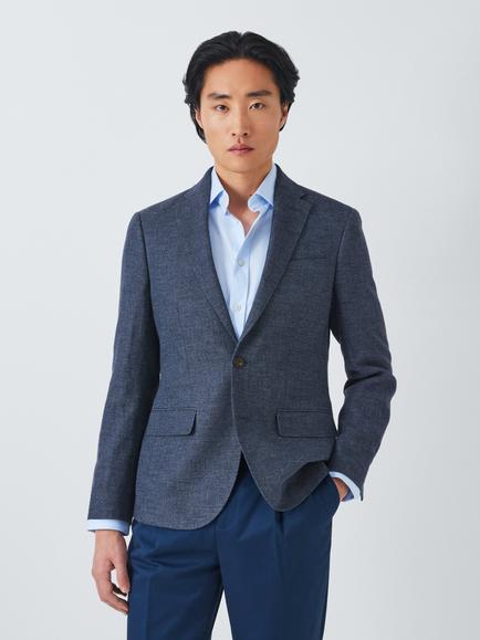 John Lewis Caston Single Breasted Regular Fit Textured Linen Blend Blazer, Navy