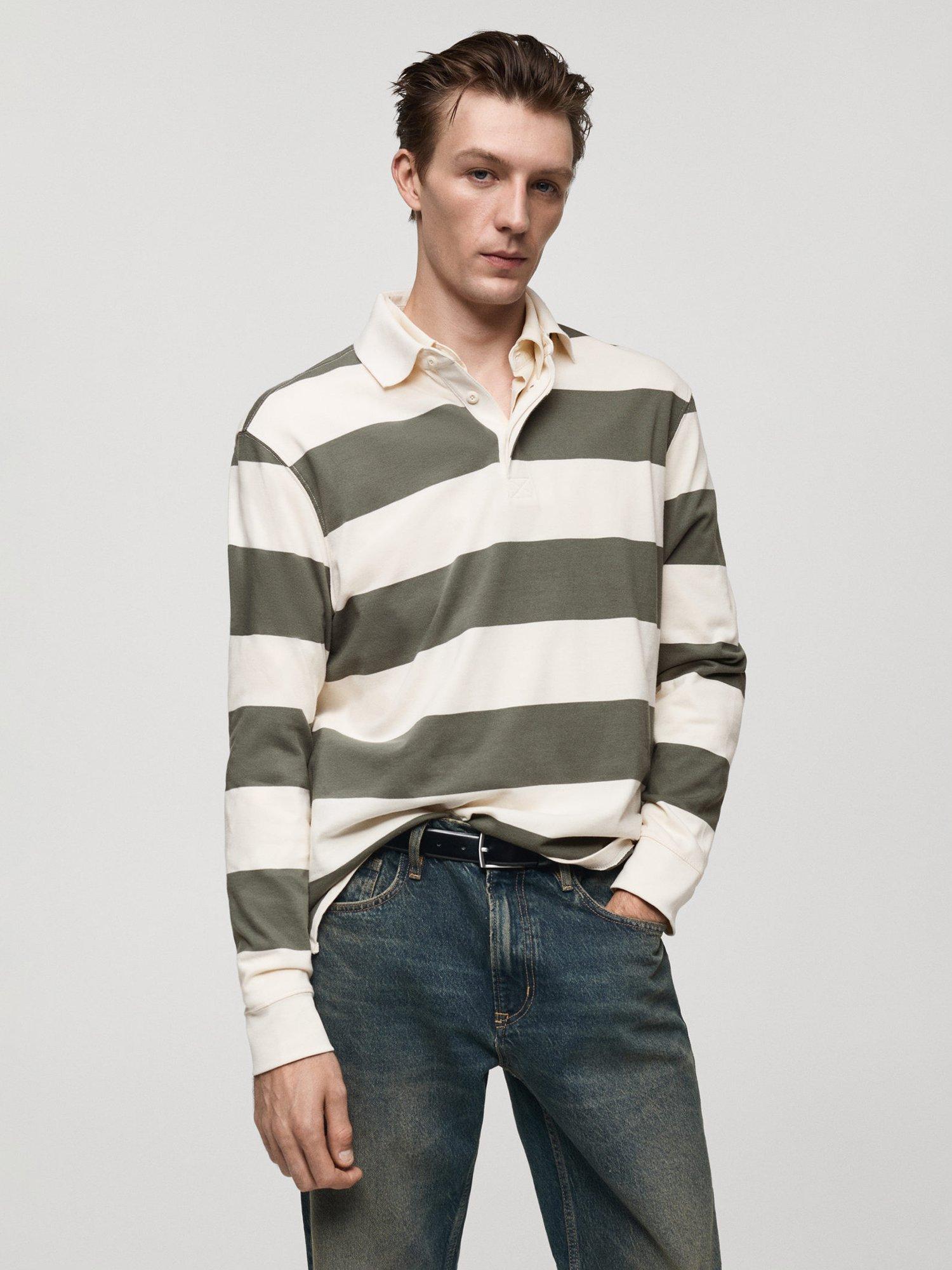 Mango Kodak Cotton Regular Fit Long Sleeve Polo Shirt, Khaki/Cream