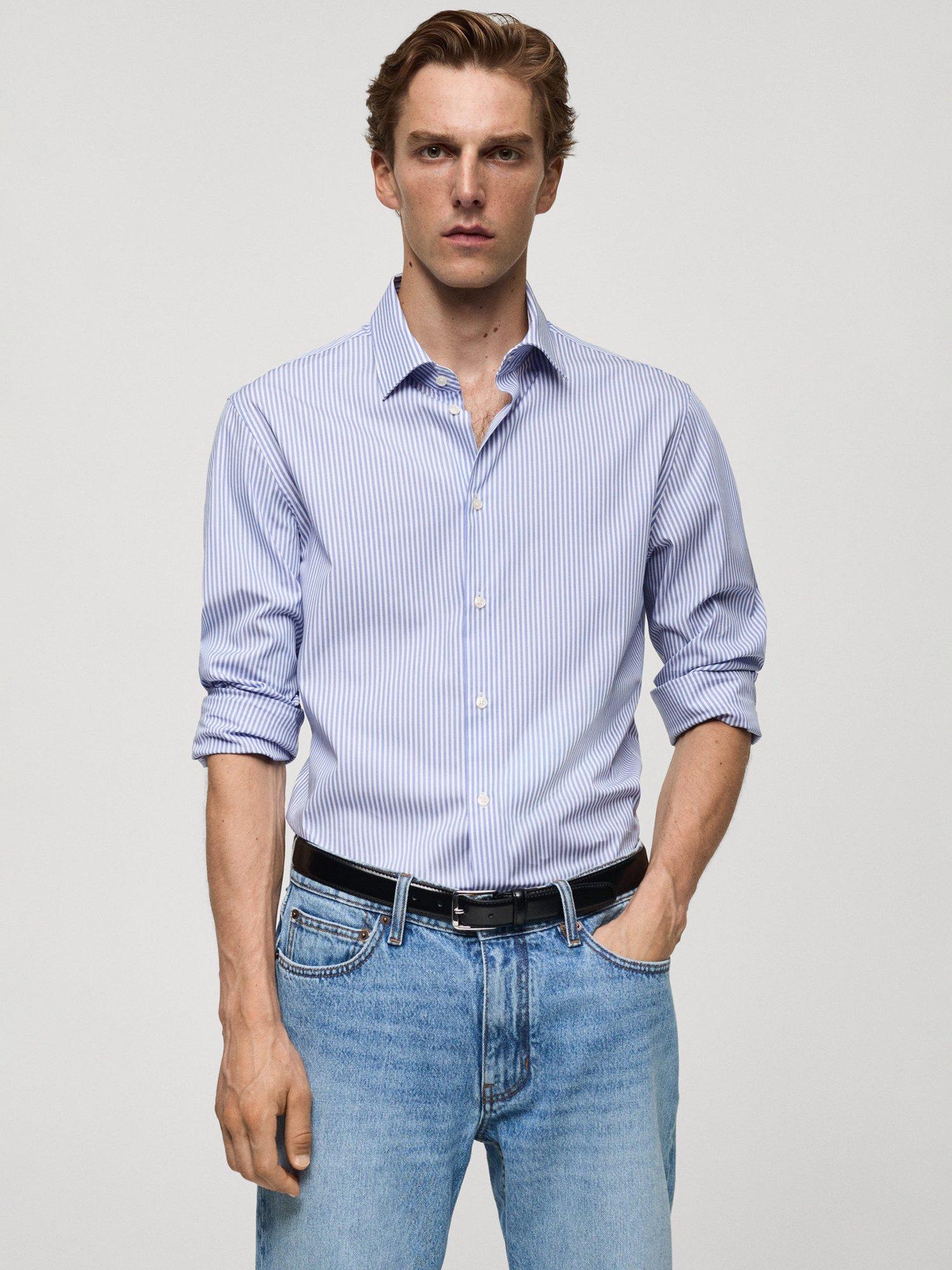 Mango Vecchia Pinstripe Slim Fit Shirt, Medium Blue