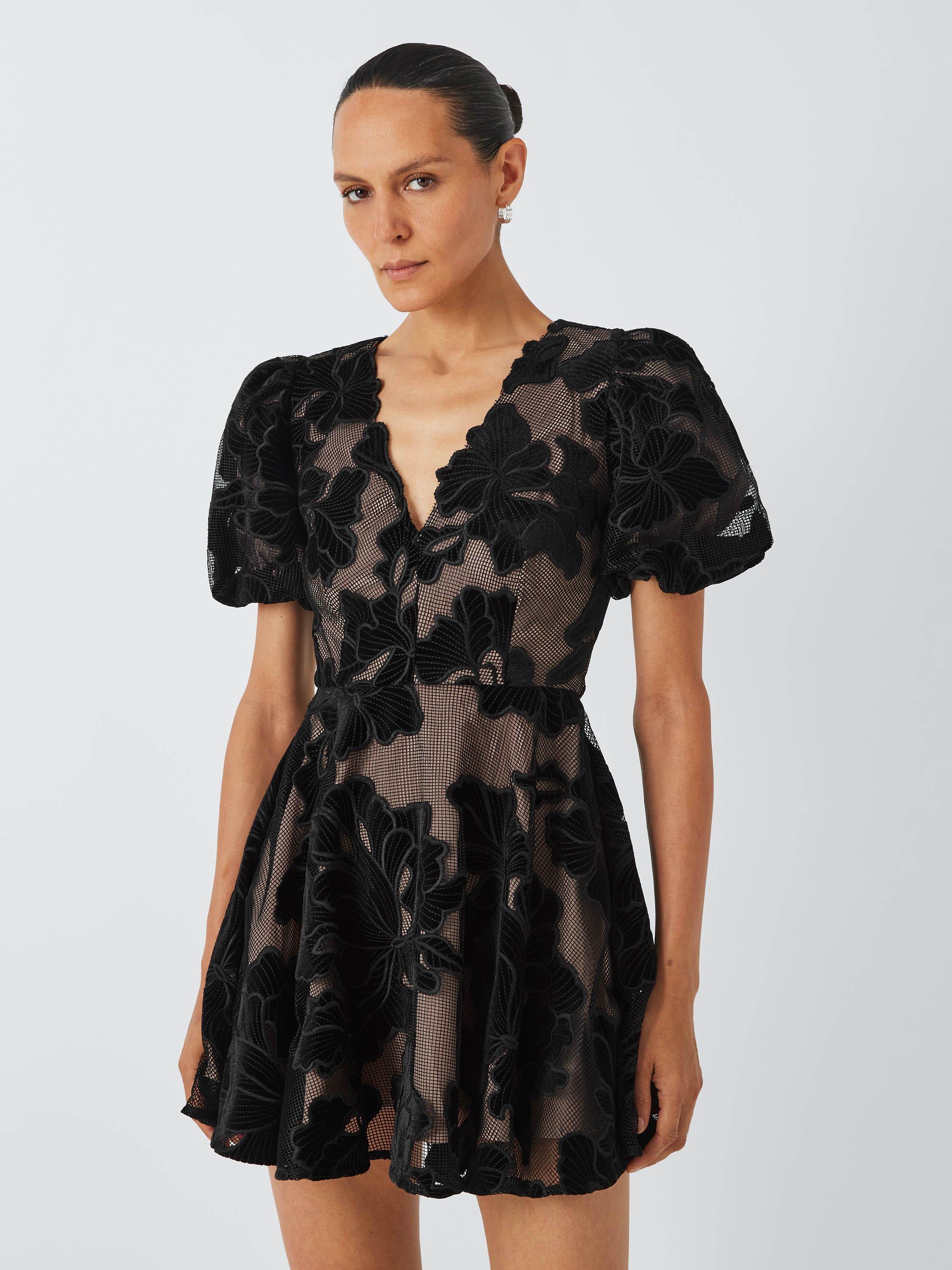 Product image 1 of 7, which shows Elliatt Zara V-Neck Velvet Floral Mini Dress, Black, XS