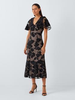 Elliatt Zara V-Neck Velvet Floral Midi Dress, Black, Black
