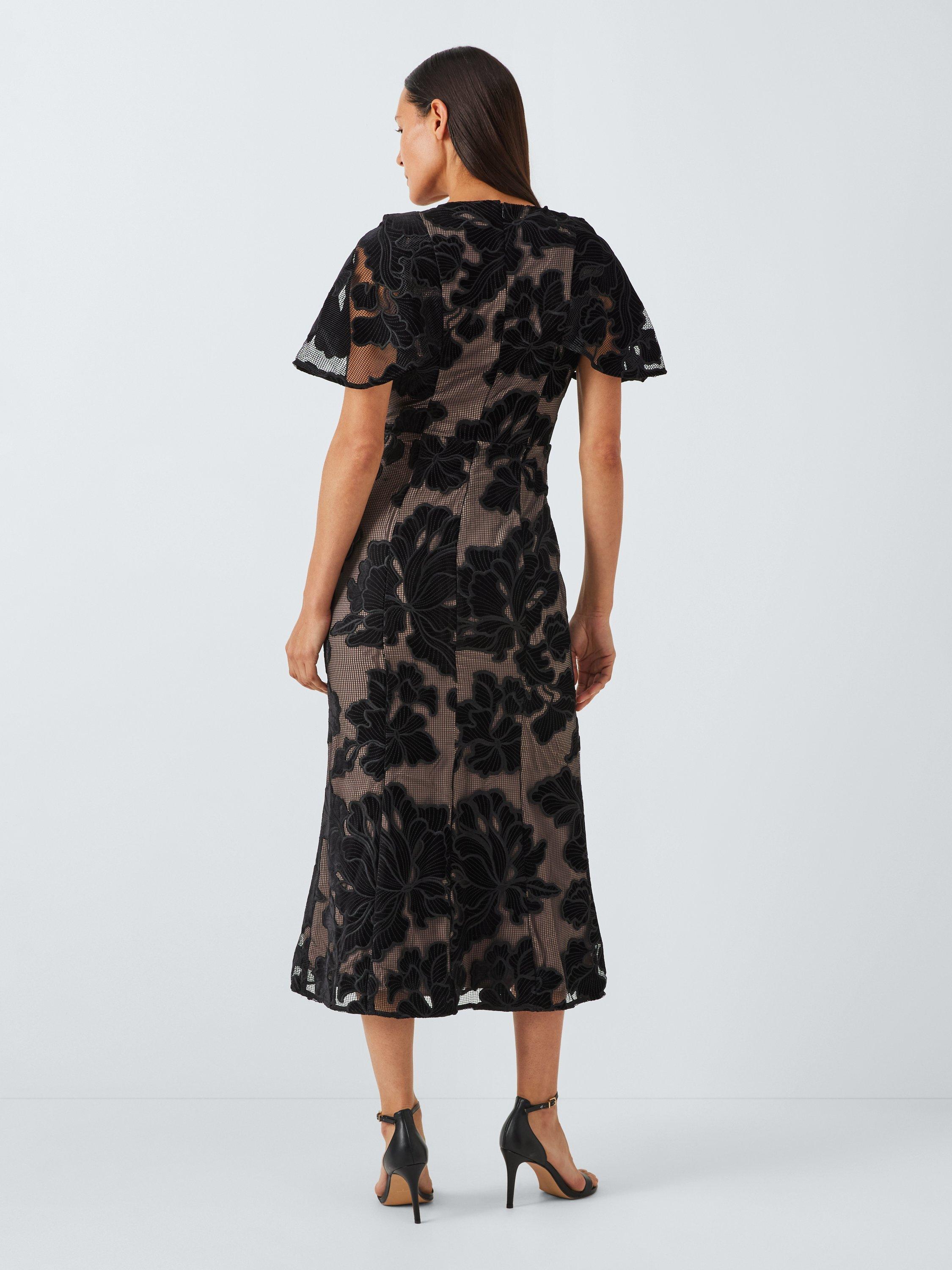 Product image 2 of 5, which shows Elliatt Zara V-Neck Velvet Floral Midi Dress, Black, XS
