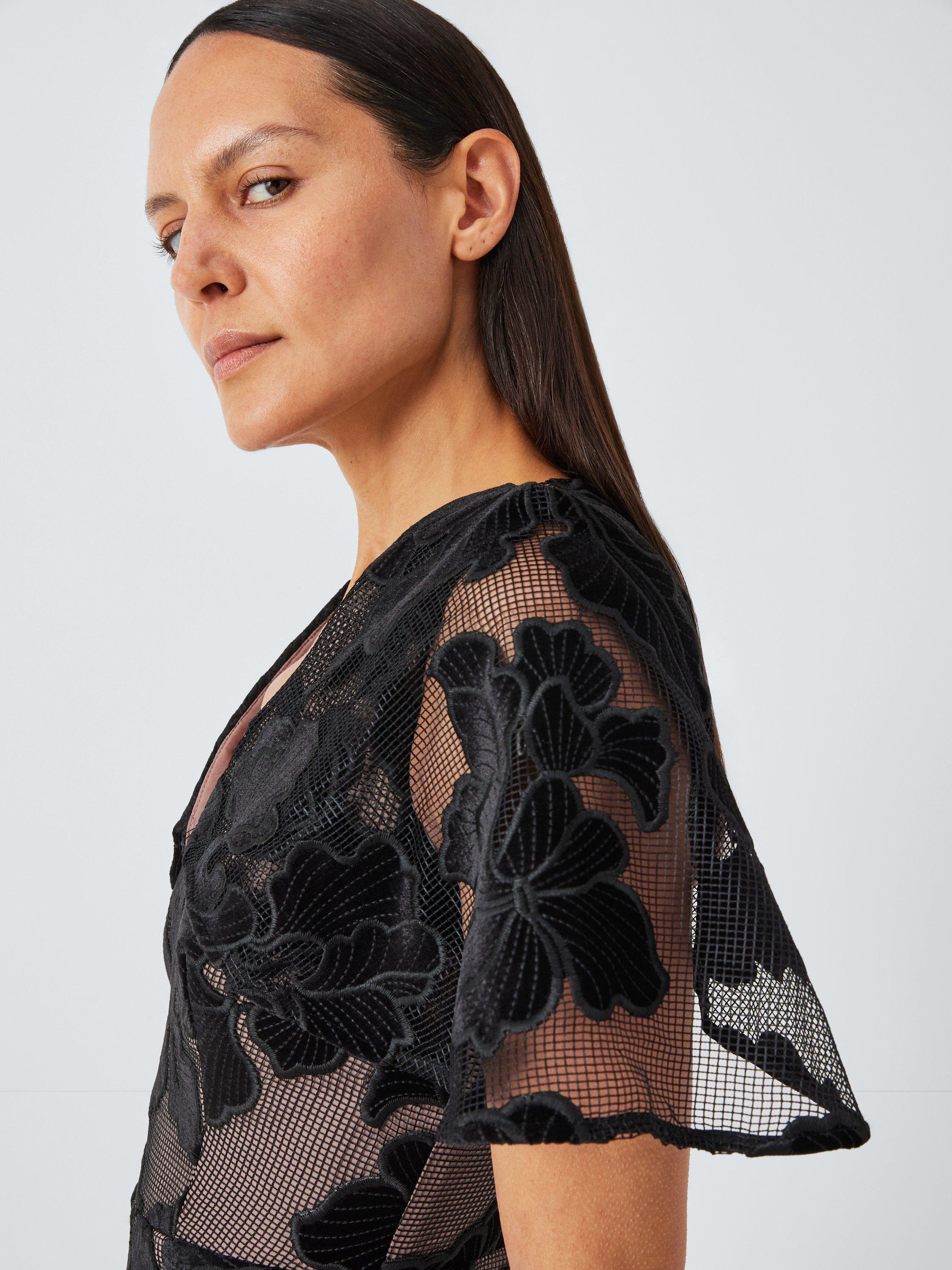Product image 4 of 5, which shows Elliatt Zara V-Neck Velvet Floral Midi Dress, Black, XS