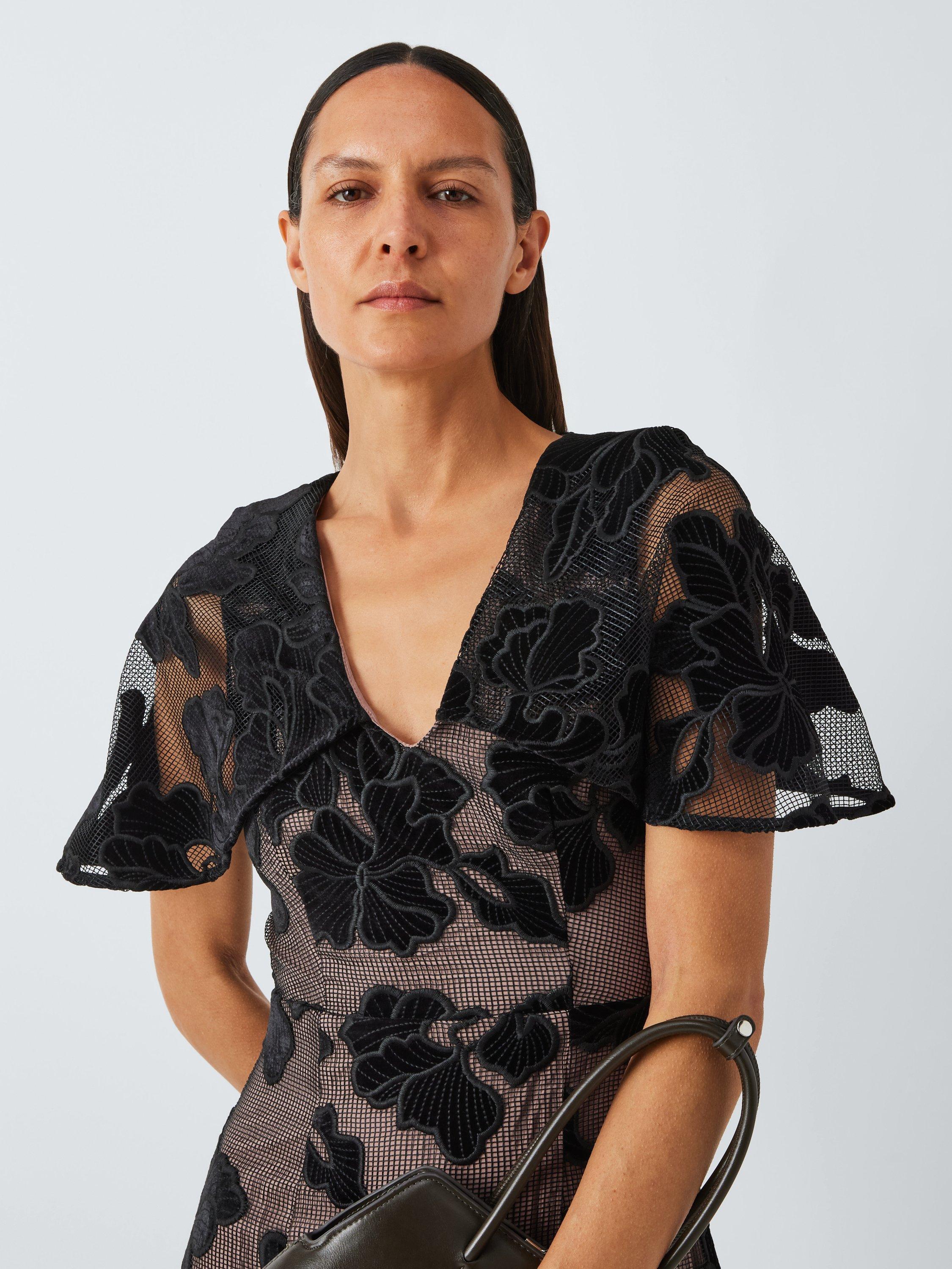 Product image 5 of 5, which shows Elliatt Zara V-Neck Velvet Floral Midi Dress, Black, XS