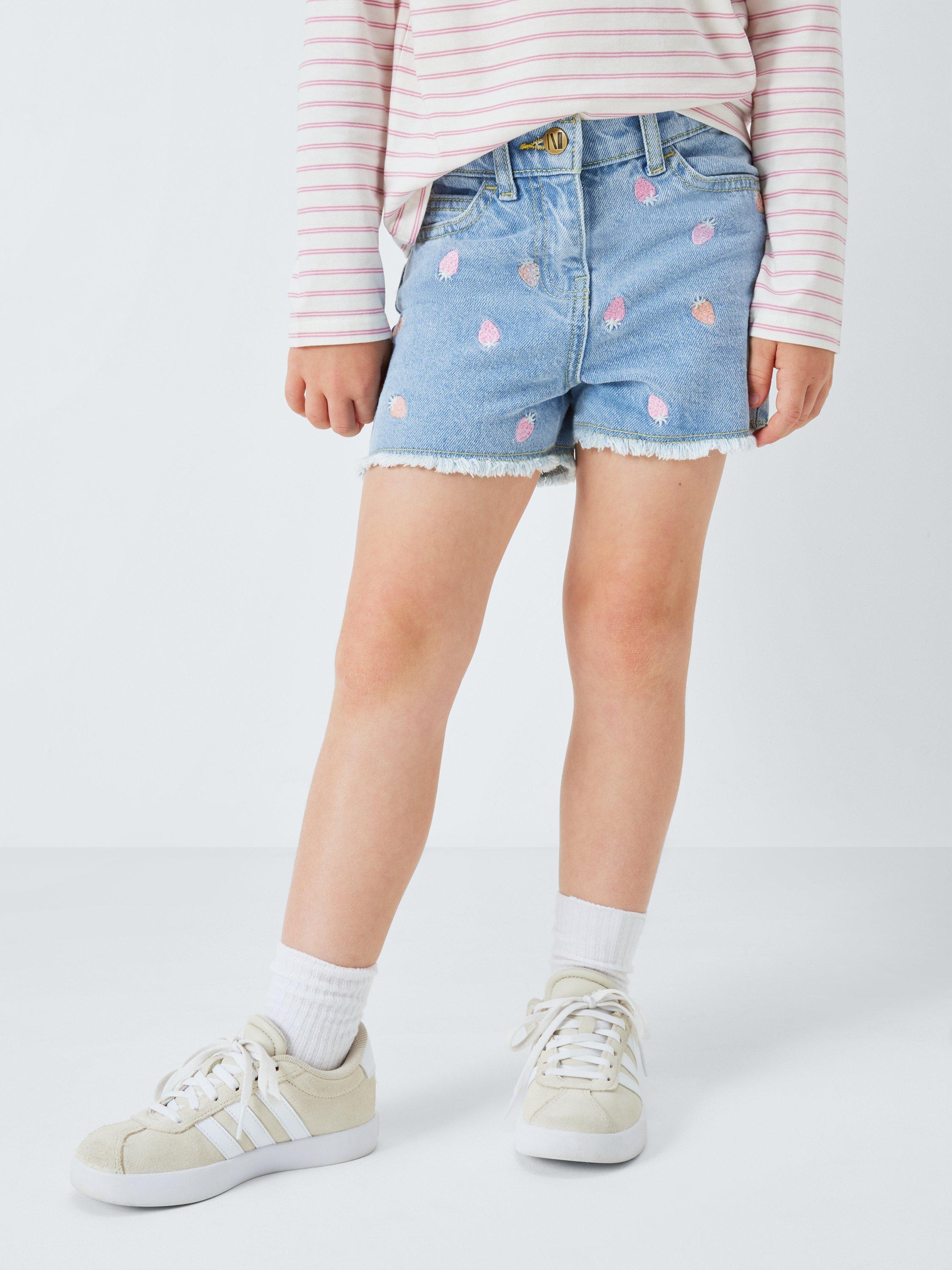 Product image 1 of 7, which shows John Lewis Kids' Strawberries Denim Shorts, Light Denim, 2 years