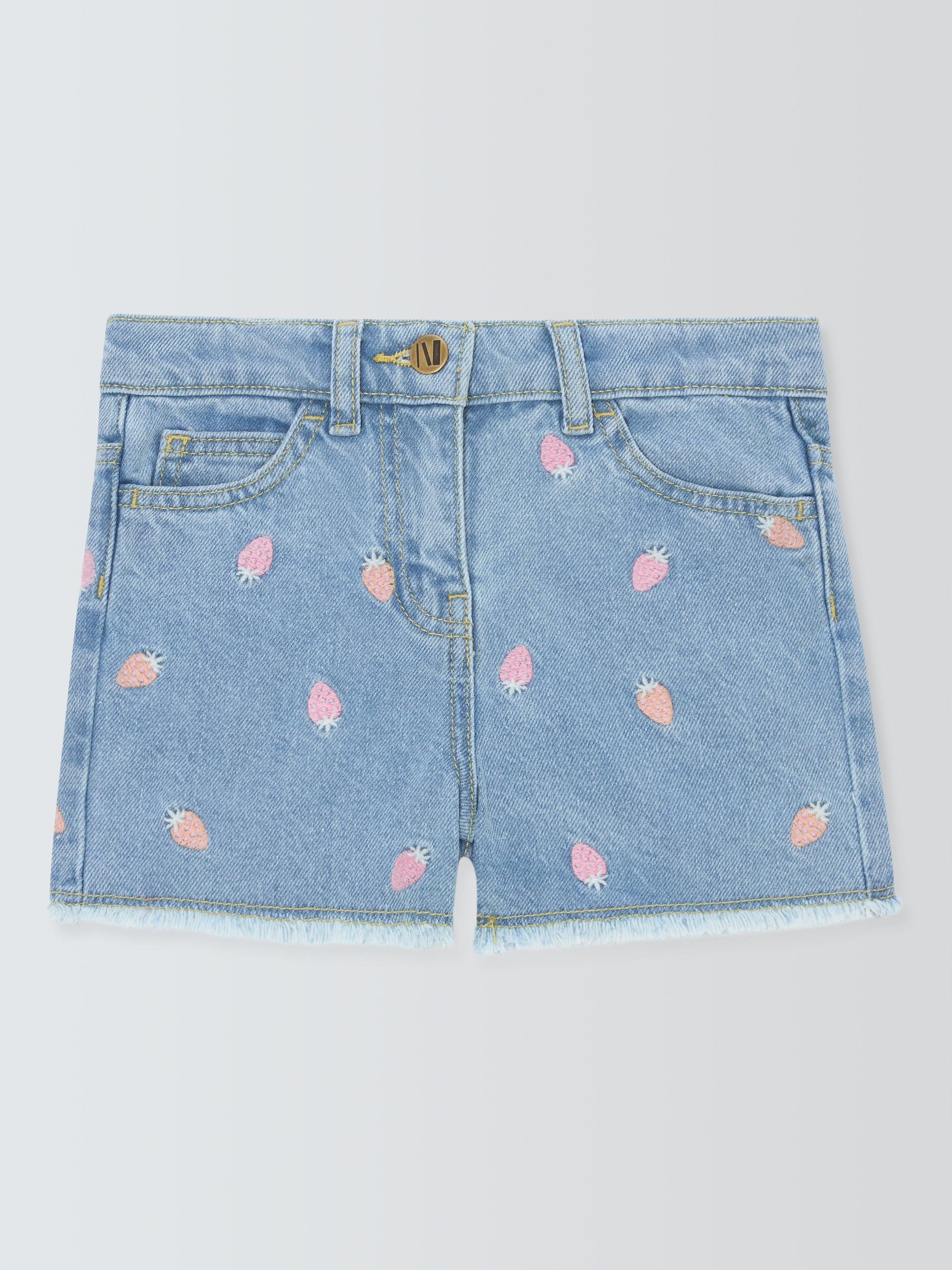Product image 3 of 7, which shows John Lewis Kids' Strawberries Denim Shorts, Light Denim, 2 years