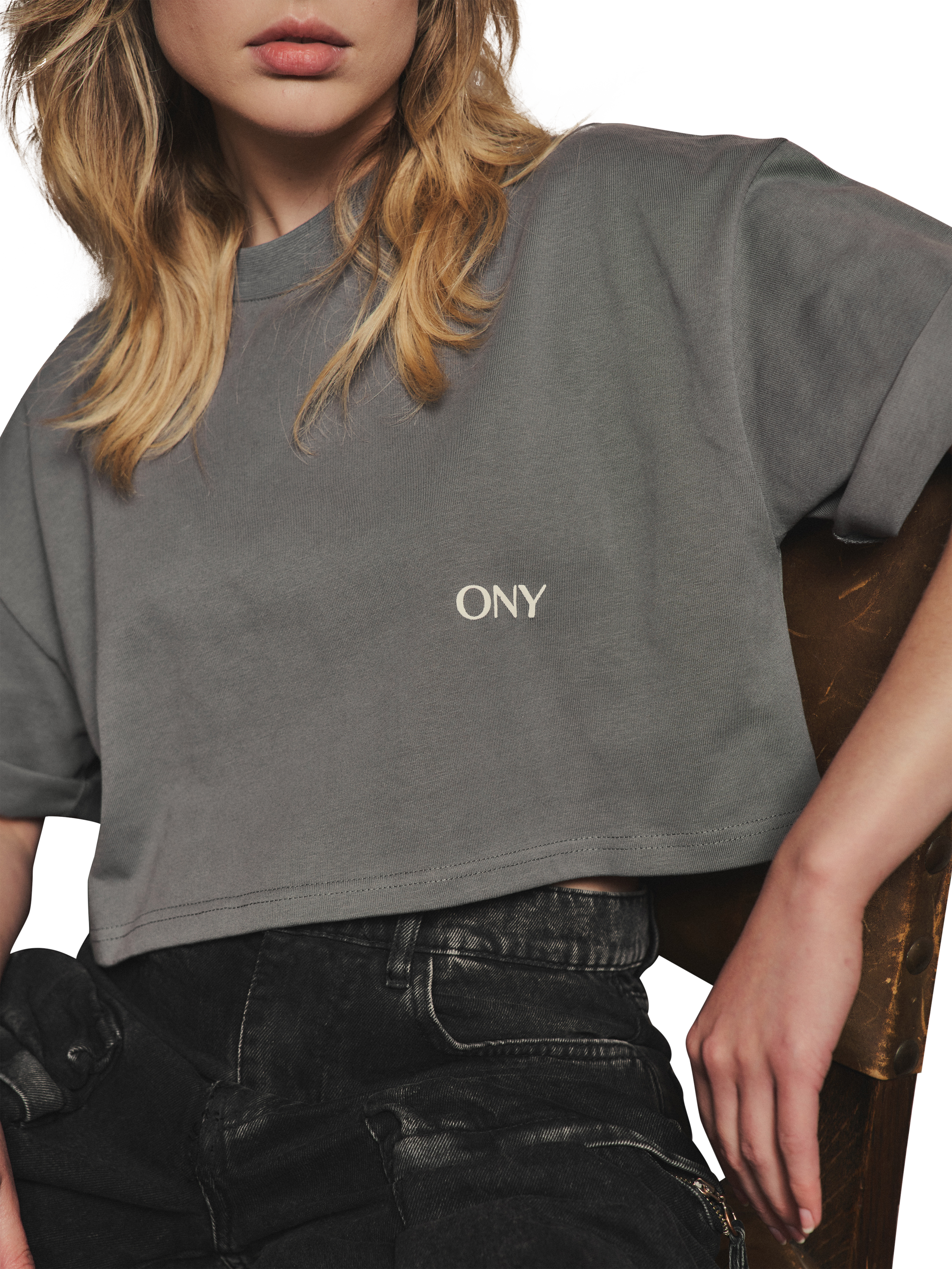 Product image 1 of 5, which shows Ony Cropped Logo T-Shirt, Grey, XS