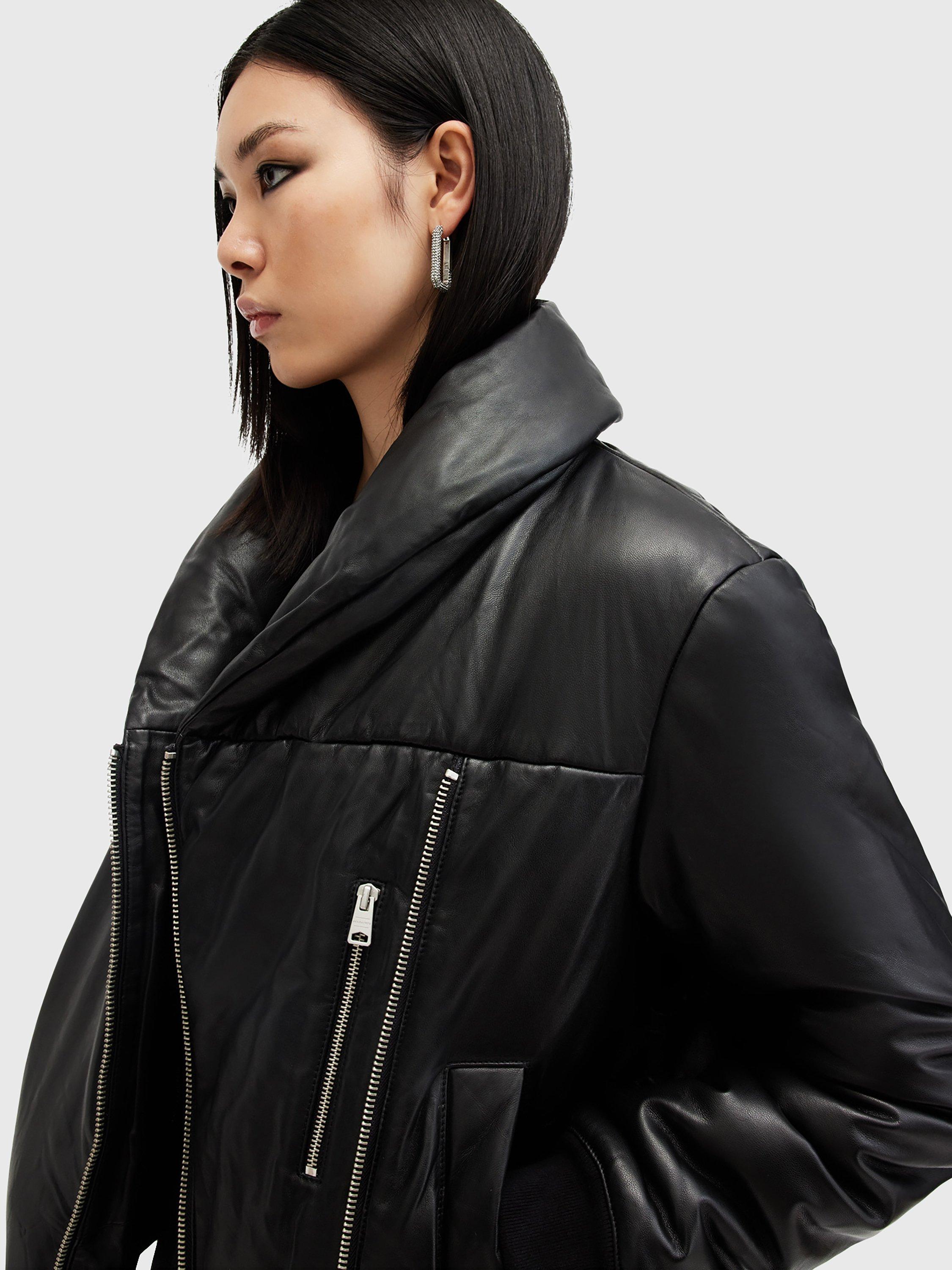 Product image 5 of 7, which shows AllSaints Lauren Leather Puffer Jacket, Black, 14