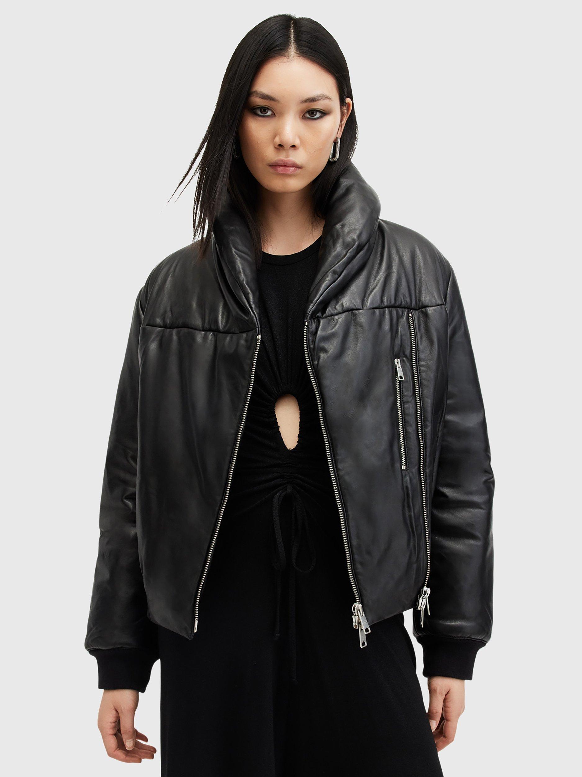 Product image 6 of 7, which shows AllSaints Lauren Leather Puffer Jacket, Black, 14