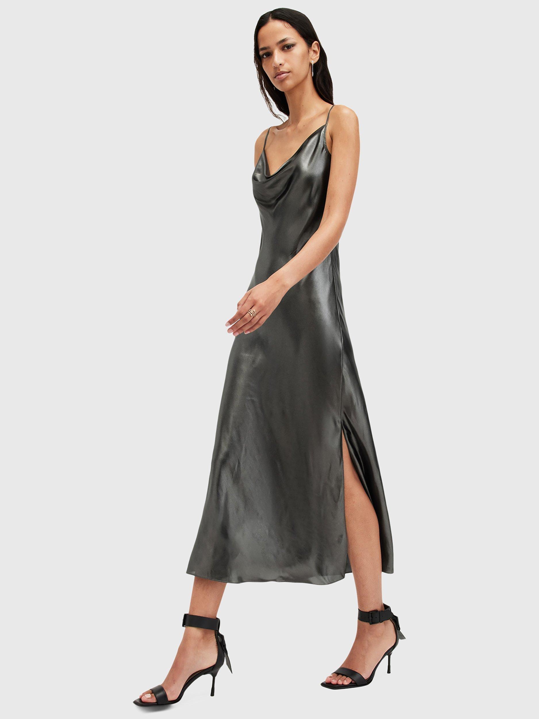 AllSaints Hadley Metallic Satin Cowl Neck Midi Slip Dress, Metallic Grey