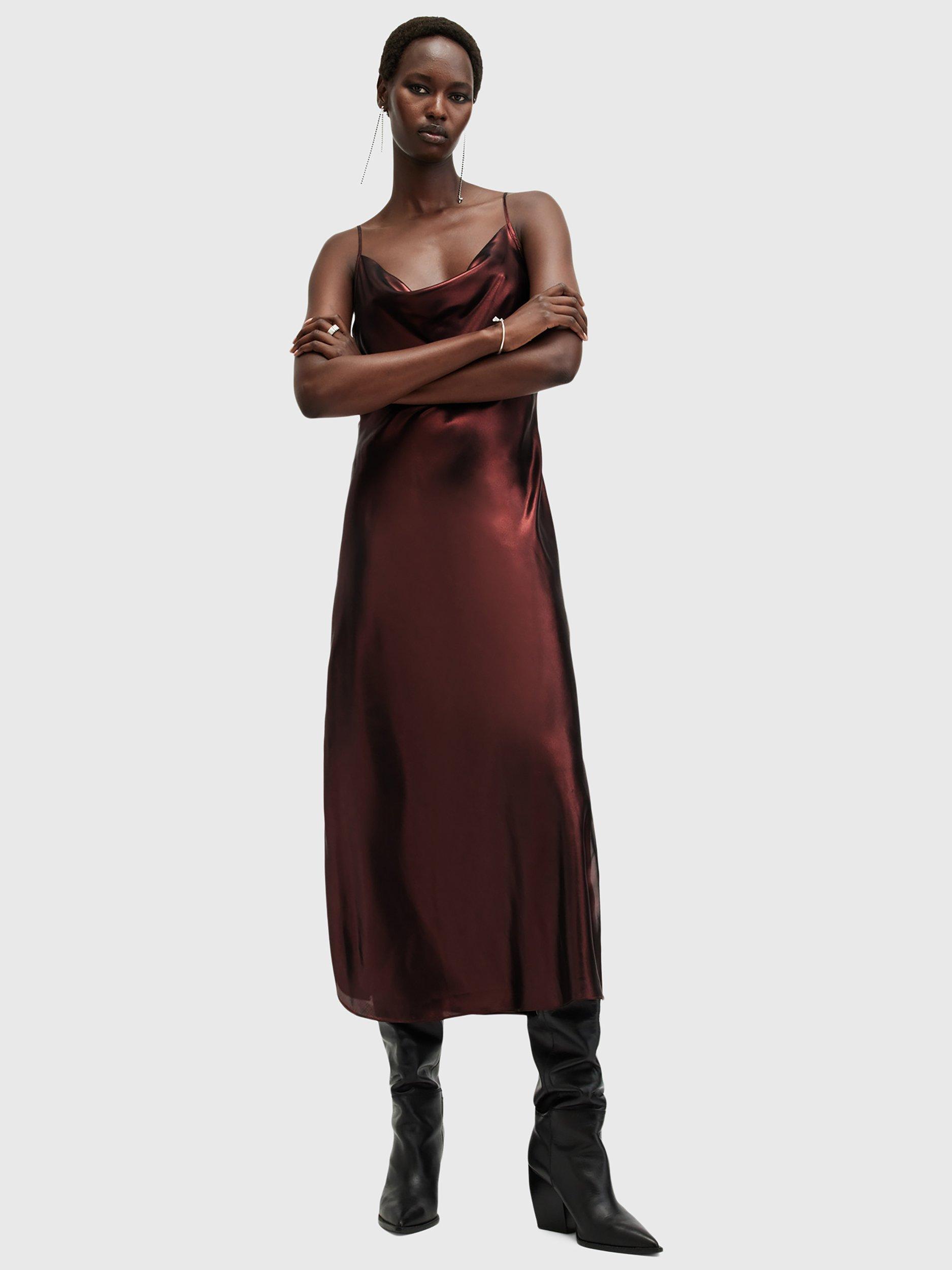 AllSaints Hadley Metallic Satin Cowl Neck Midi Slip Dress, Metallic Red