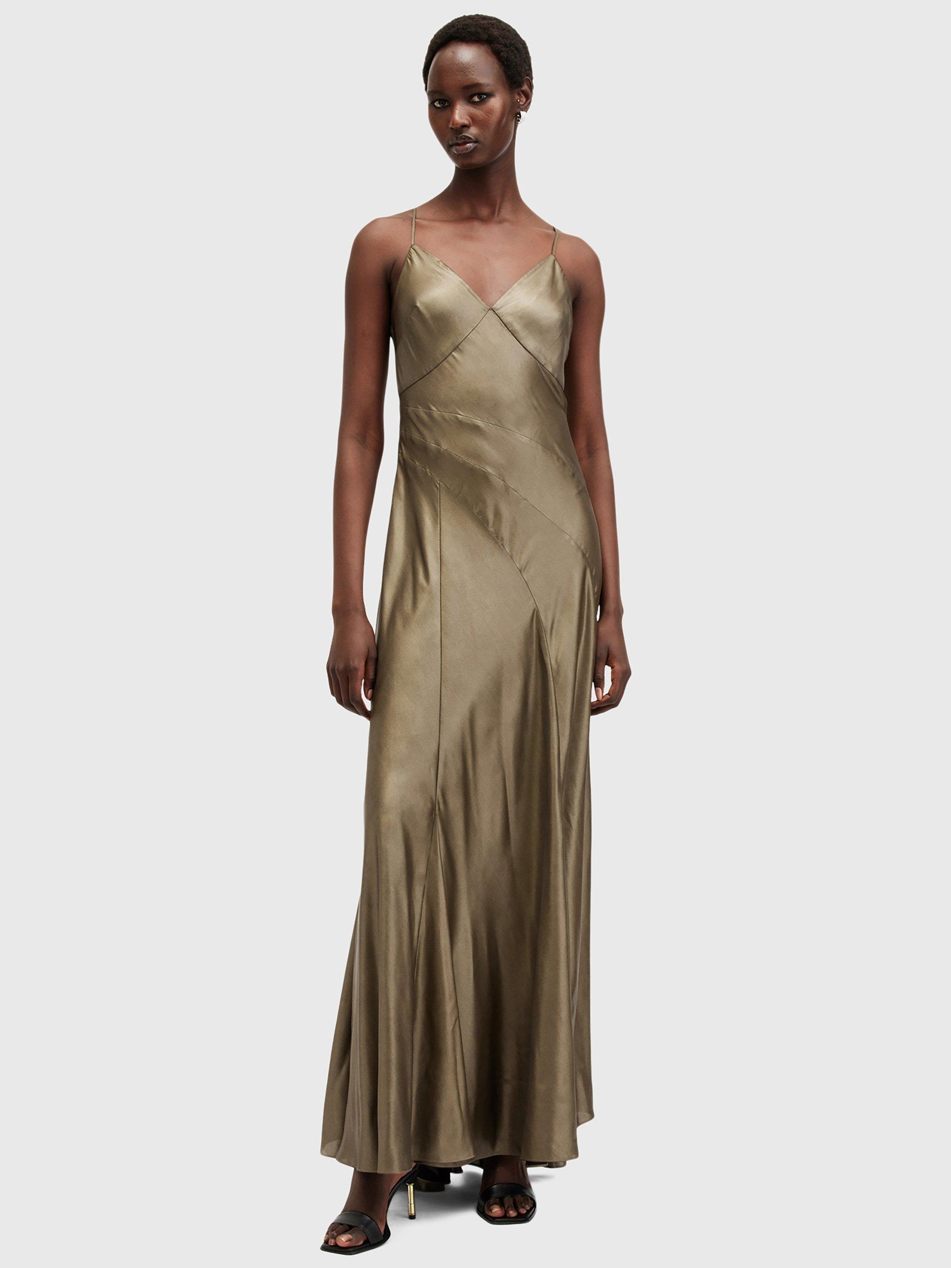 Product image 1 of 5, which shows AllSaints Lili Satin Maxi Dress, Gold, 8