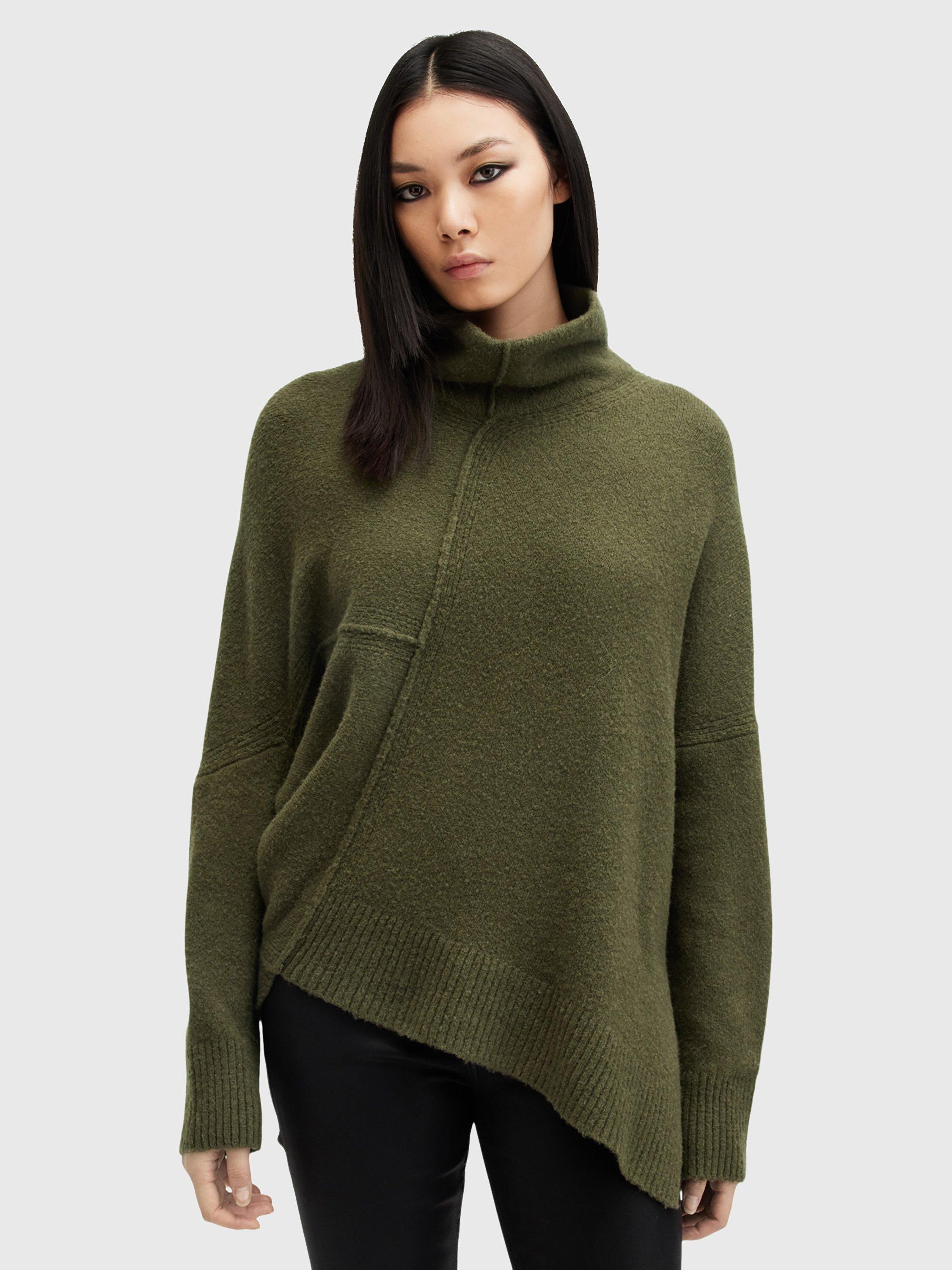 AllSaints Lock Roll Neck Relaxed Fit Wool Blend Jumper, Moss Green
