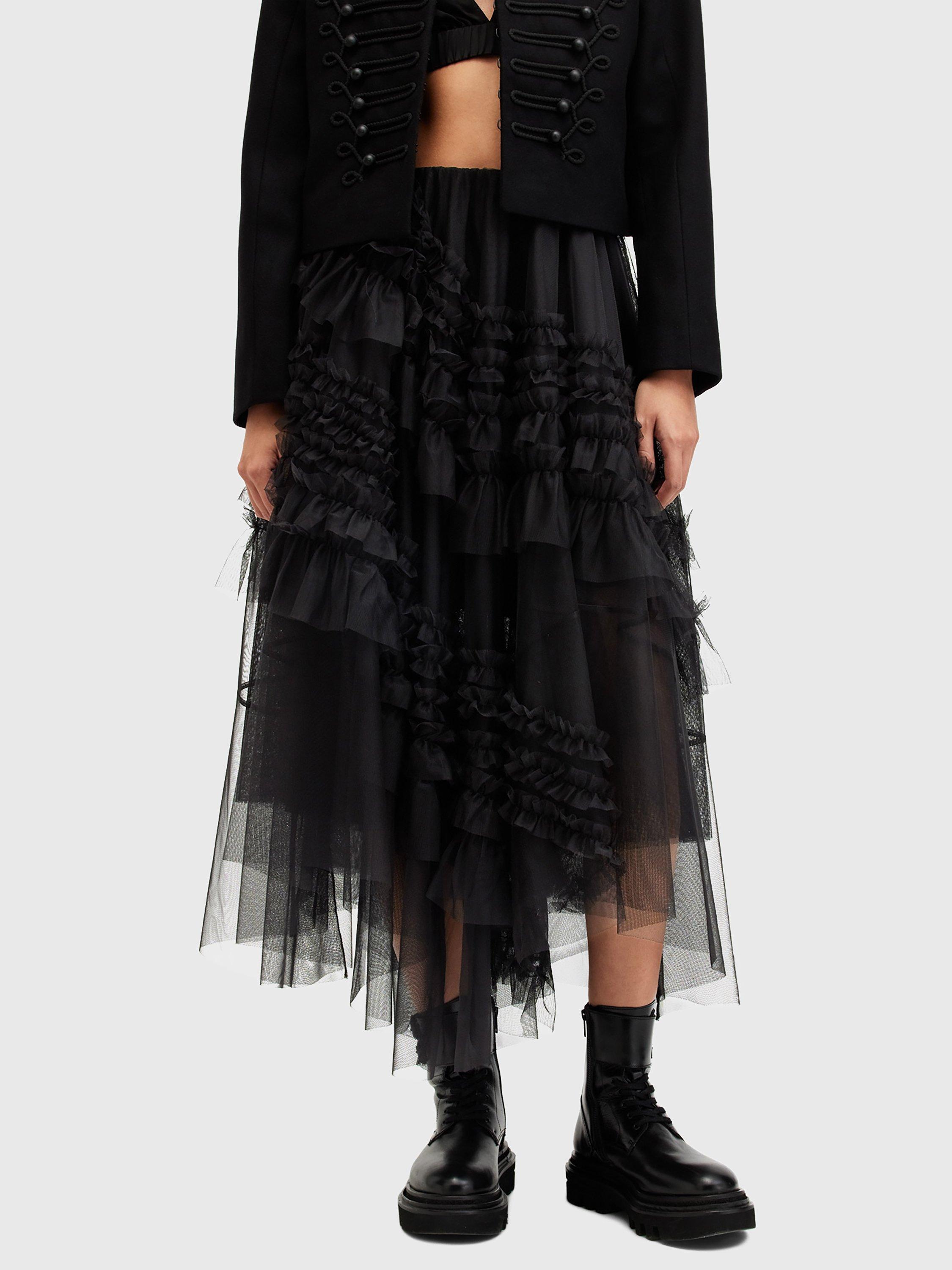 Product image 1 of 6, which shows AllSaints Jen Tulle Skirt, Black, 10