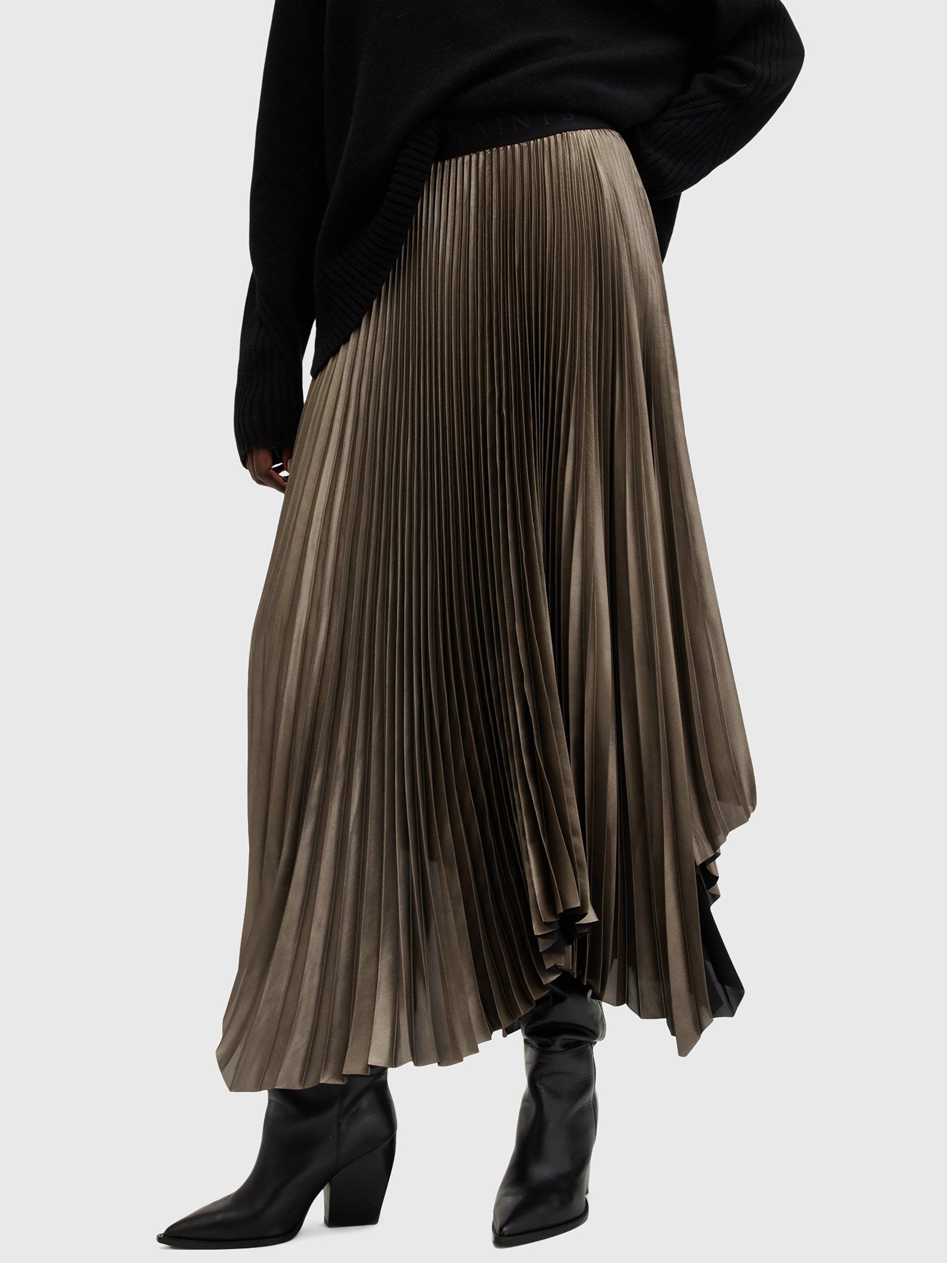 AllSaints Phia Metallic Pleat Skirt, Metallic Gold
