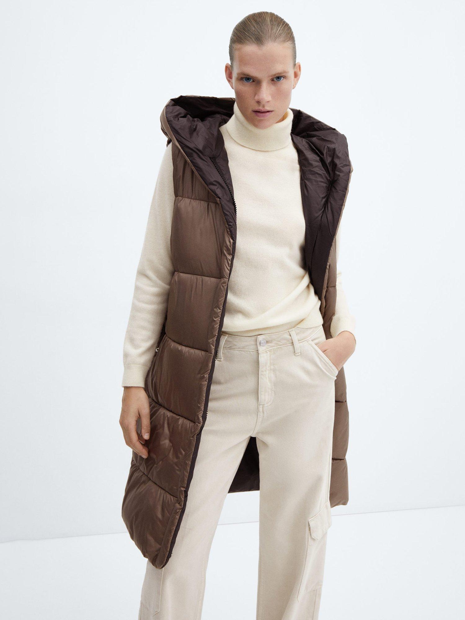 Product image 1 of 4, which shows Mango Nube Water Repellent Longline Padded Gilet, Medium Brown, XXS