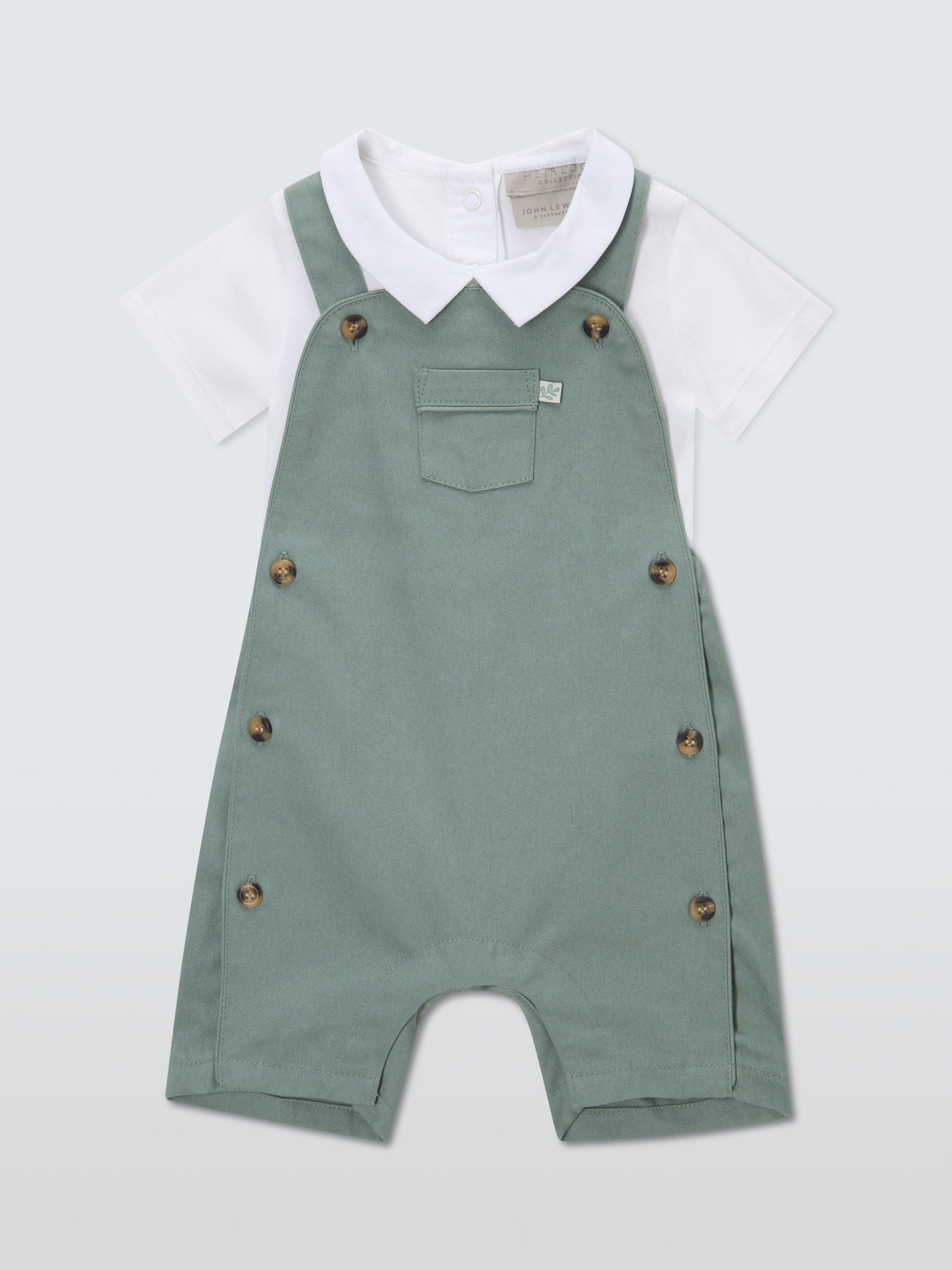 Product image 1 of 3, which shows John Lewis Heirloom Collection Baby Cotton Twill Bibshorts and Peter Pan Collar Bodysuit Set, Green, 0-3 months