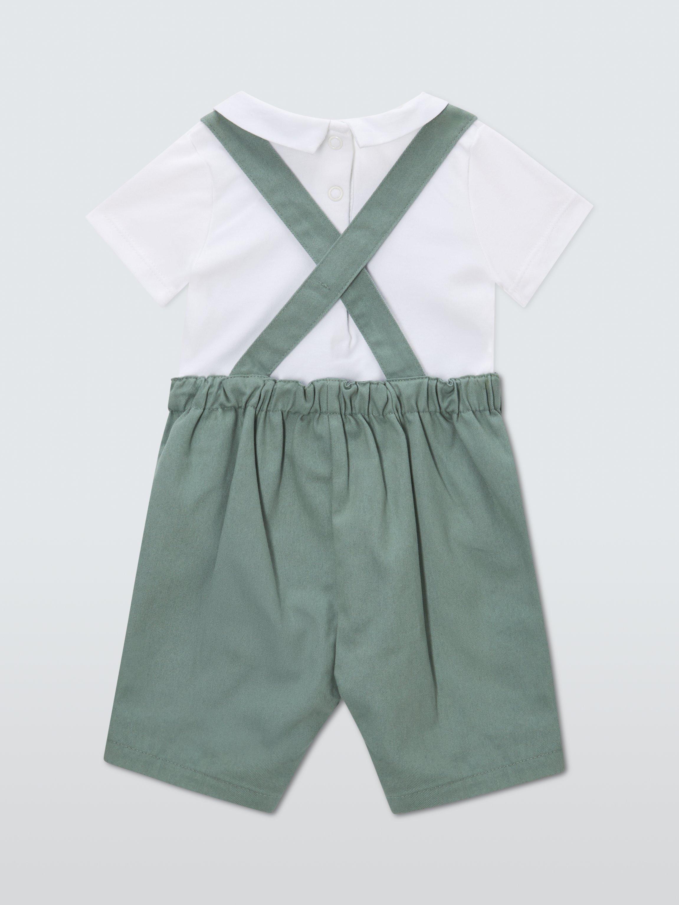 Product image 2 of 3, which shows John Lewis Heirloom Collection Baby Cotton Twill Bibshorts and Peter Pan Collar Bodysuit Set, Green, 0-3 months