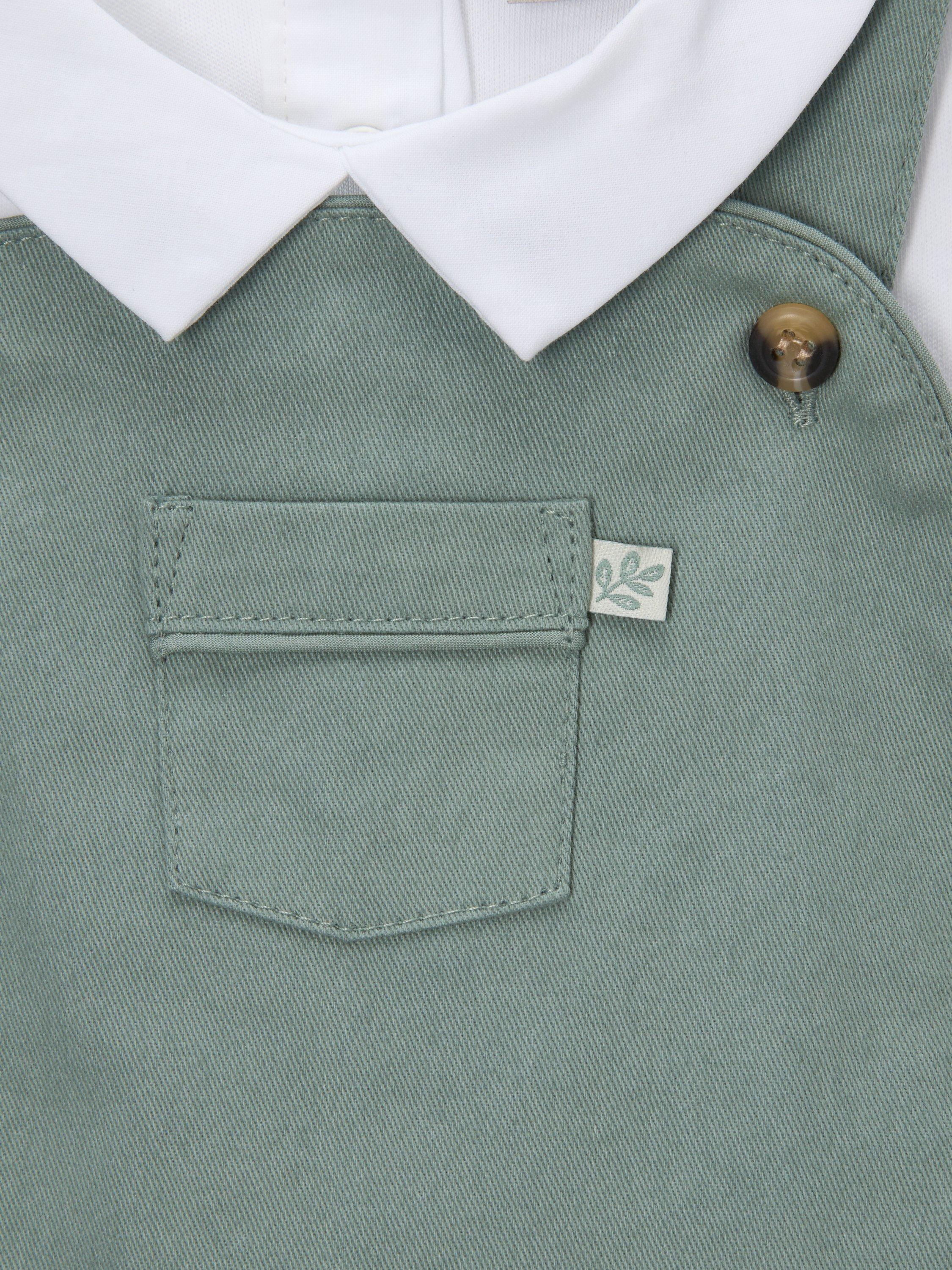 Product image 3 of 3, which shows John Lewis Heirloom Collection Baby Cotton Twill Bibshorts and Peter Pan Collar Bodysuit Set, Green, 0-3 months