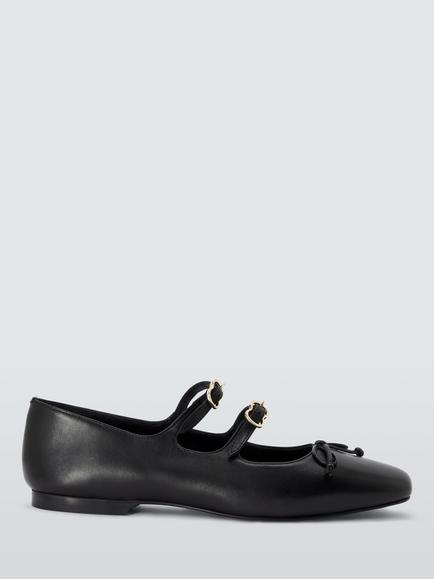 John Lewis Harmonie Leather Double Buckle Sachetto Ballerina Pumps, Black, Black