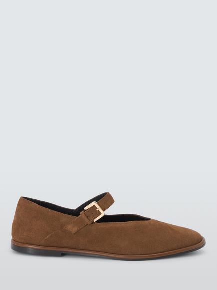 John Lewis Hettie Suede Round Toe High Cut Mary Jane Ballerina Pumps, Brown, Brown