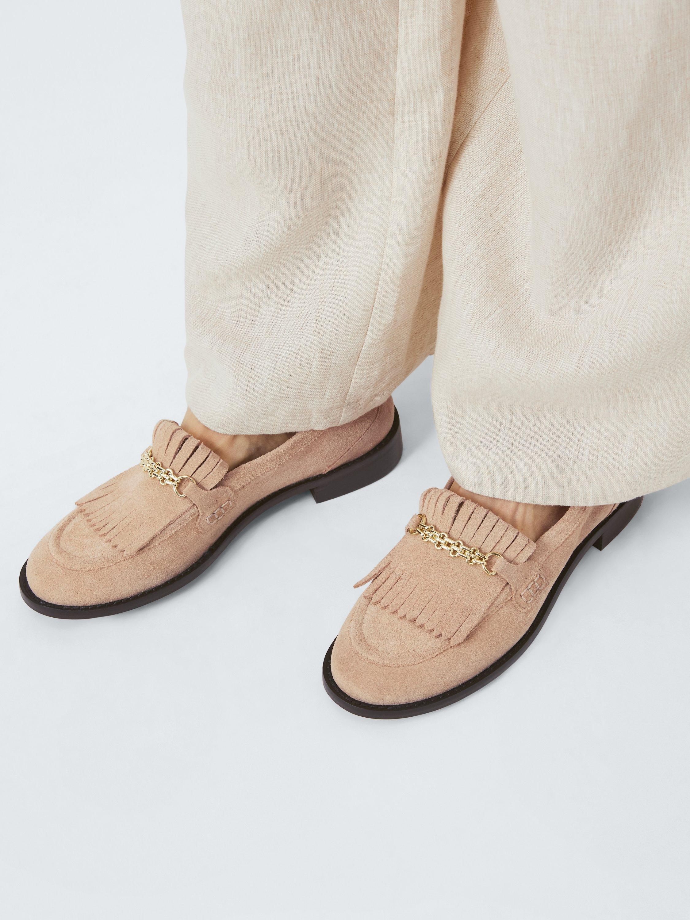 Product image 2 of 6, which shows John Lewis Guiliana Suede Fringe Chain Trim Loafers, Beige, 3