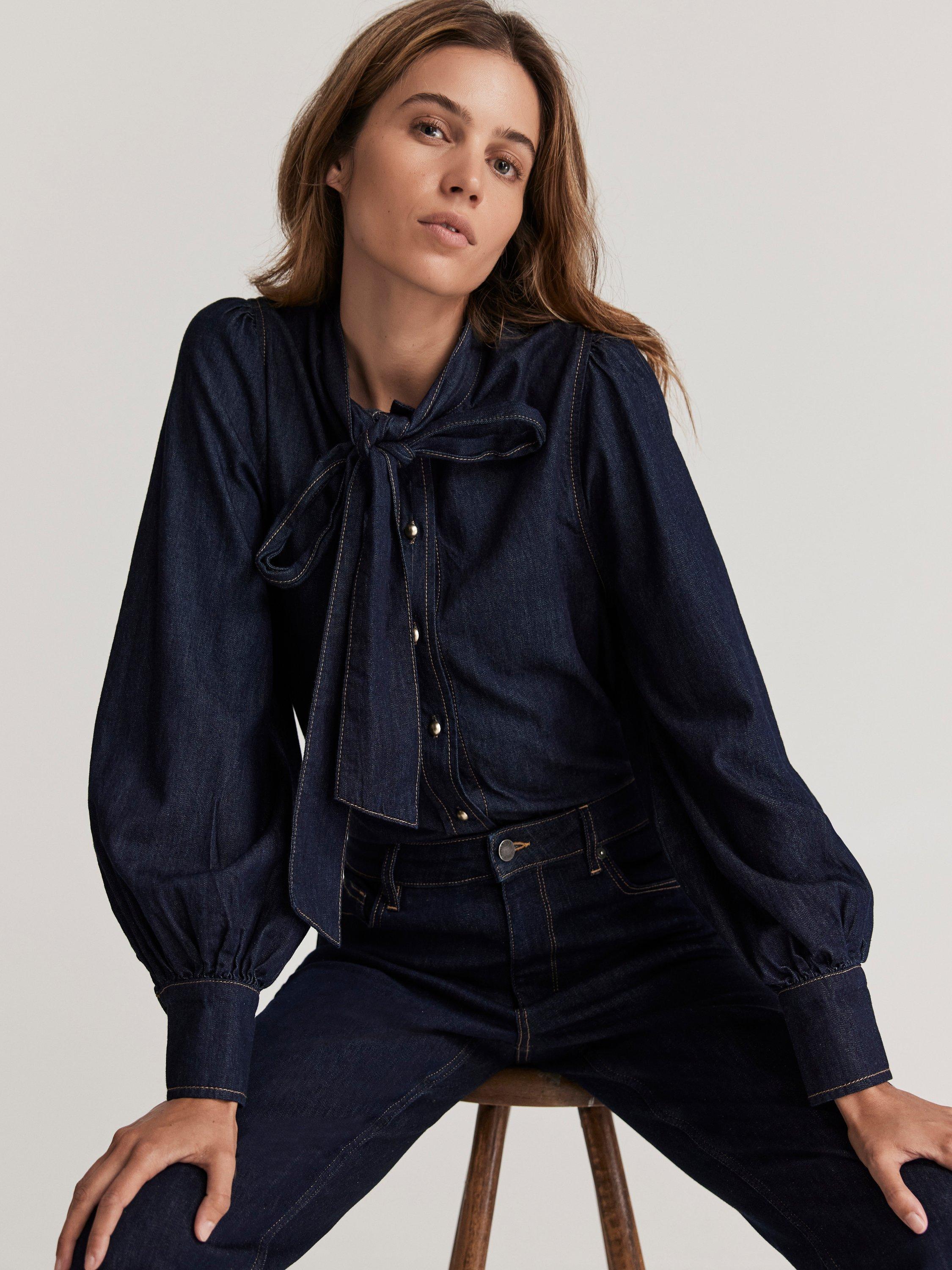 Mint Velvet Tie Neck Denim Blouse, Indigo