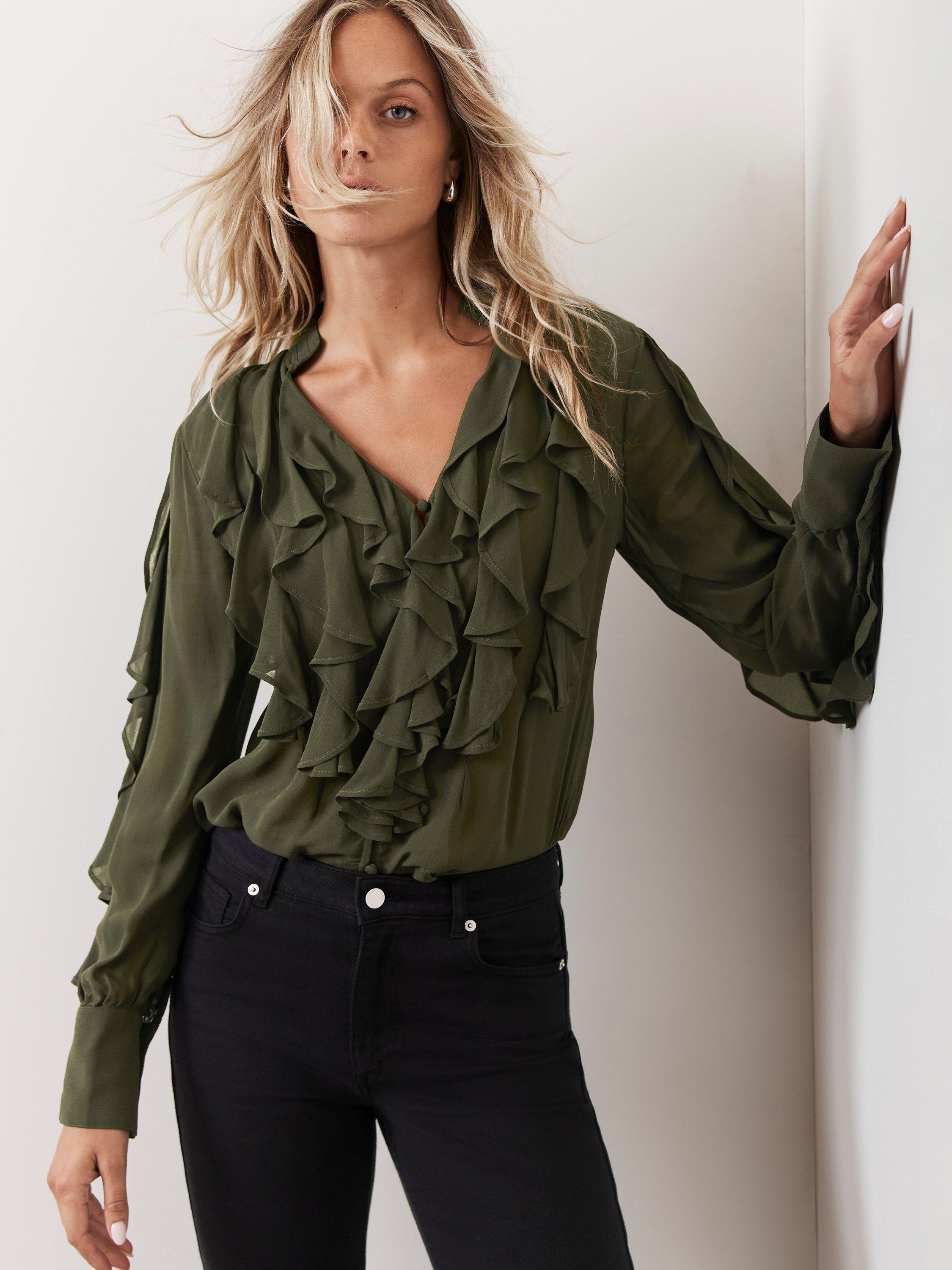 Mint Velvet Extreme Ruffle Blouse Khaki