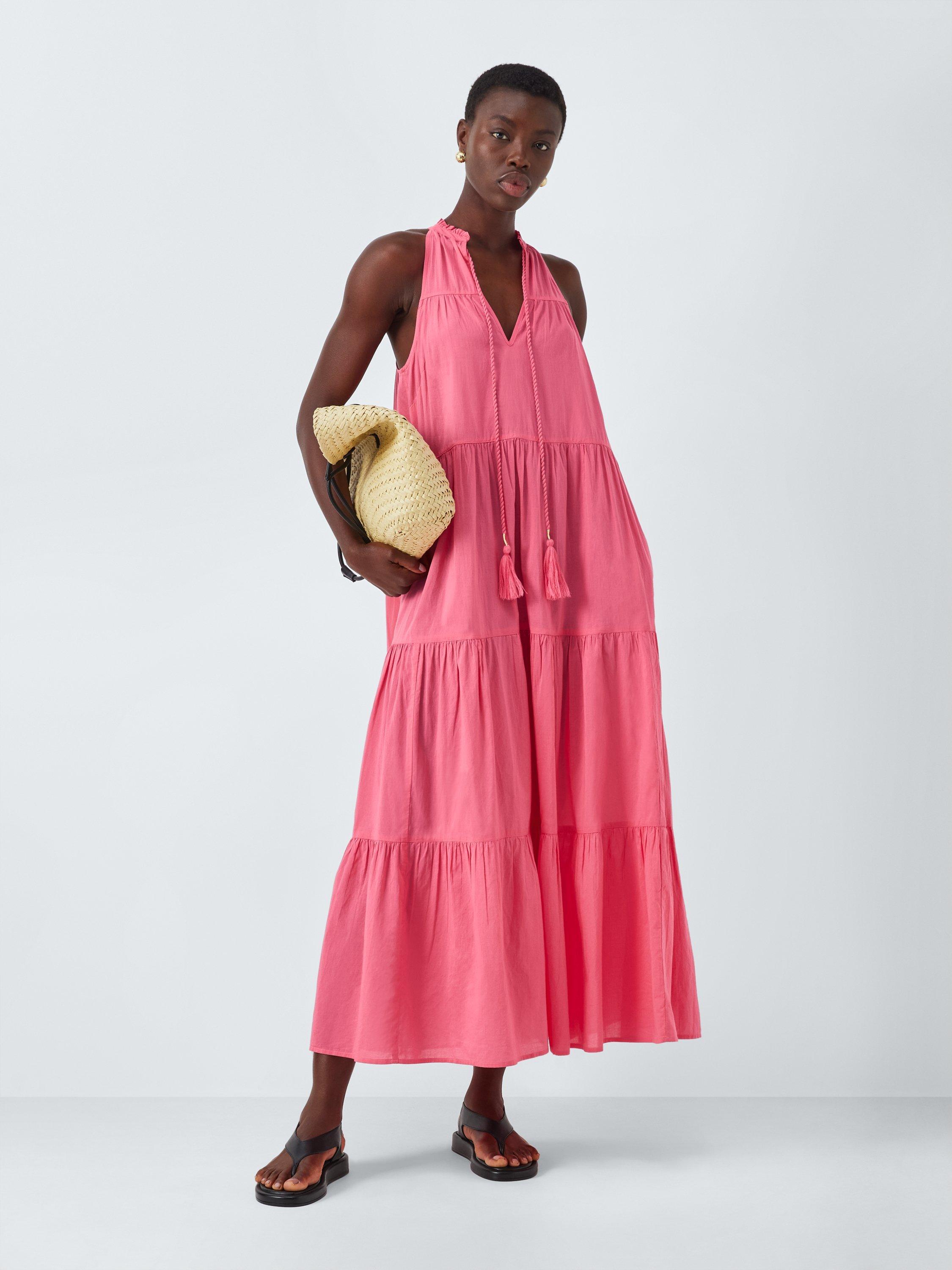 Product image 3 of 6, which shows John Lewis Sunset Tiered Maxi Beach Dress, Pink, S