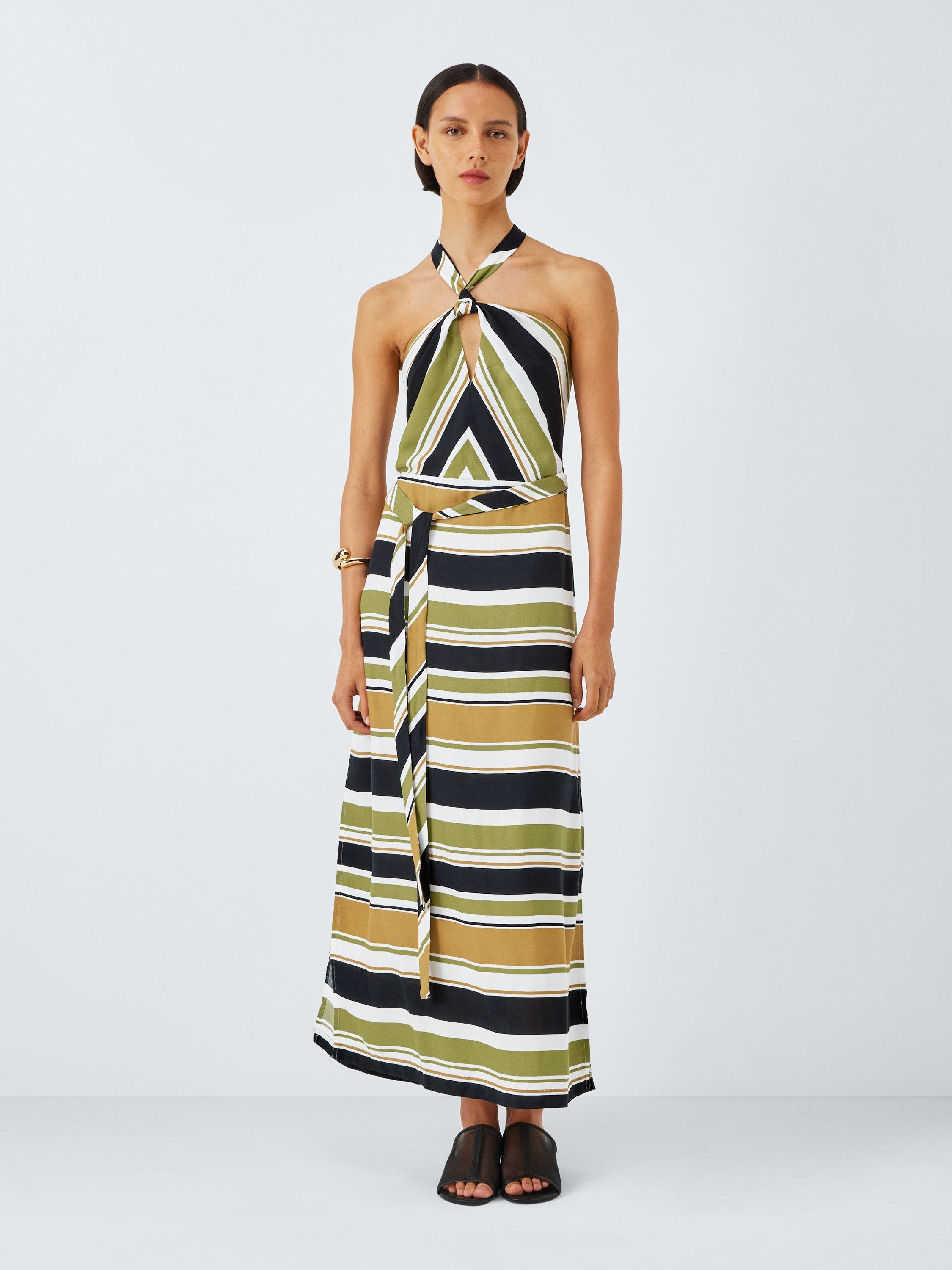 Product image 1 of 6, which shows John Lewis Stripe Halterneck Maxi Dress, Green Stripe, S