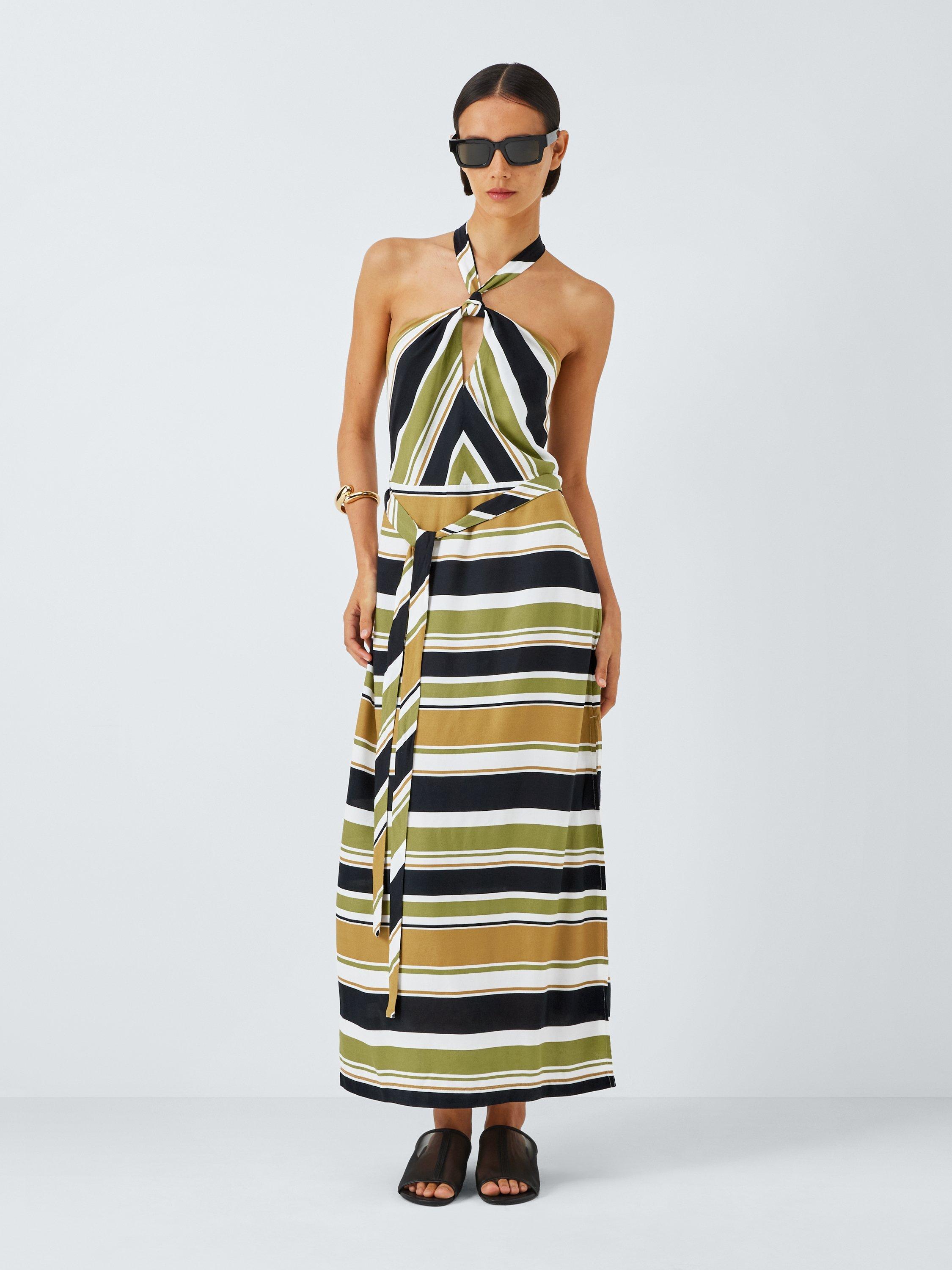 Product image 3 of 6, which shows John Lewis Stripe Halterneck Maxi Dress, Green Stripe, S