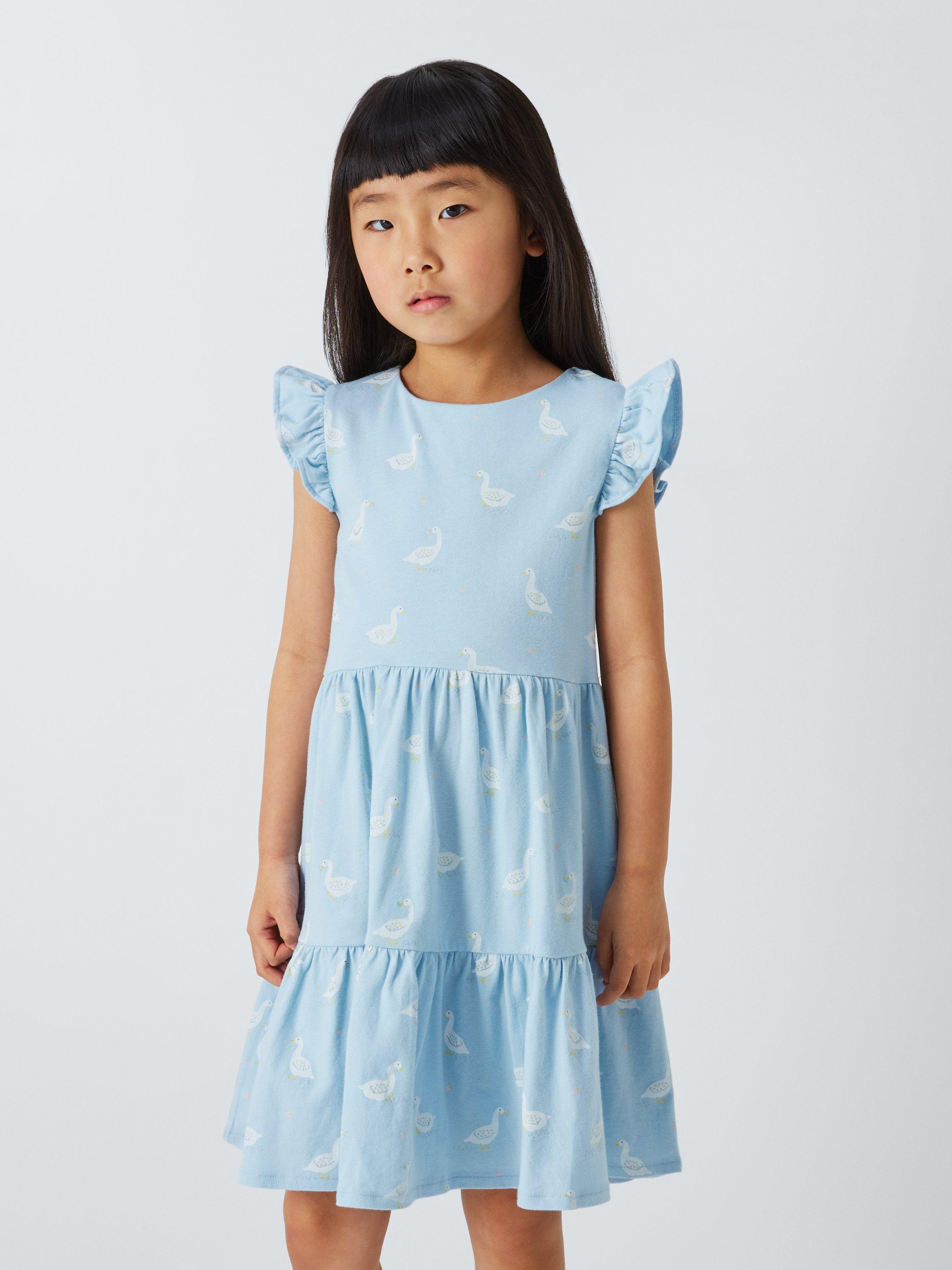 Product image 1 of 7, which shows John Lewis Kids' Duck Print Tiered Jersey Dress, Blue, 5 years