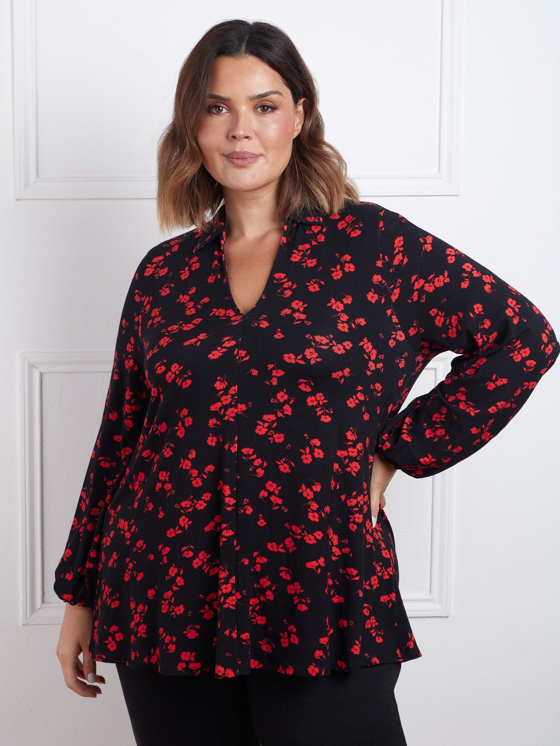 Live Unlimited Curve Petite Floral Open Collar Top, Black/Red