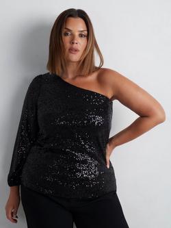 Live Unlimited Curve Sequin Asymmetric Top, Black, Black