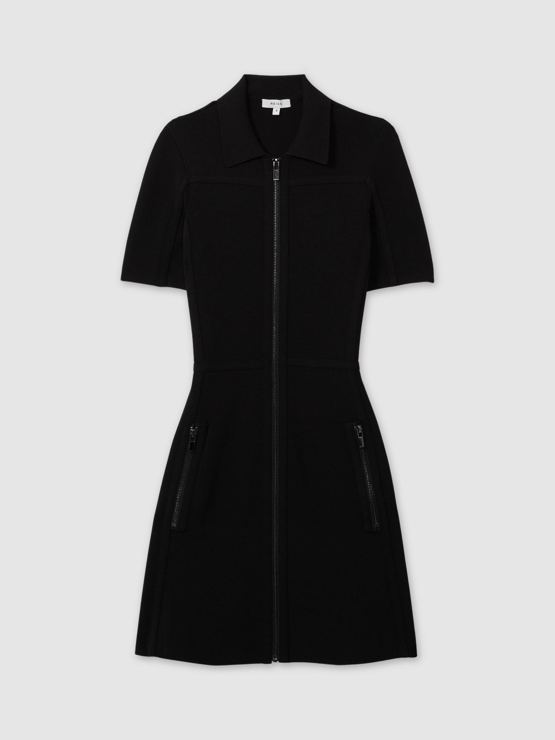 Product image 3 of 5, which shows Reiss Nala Knitted Zip-Front Mini Shirt Dress, Black, XS