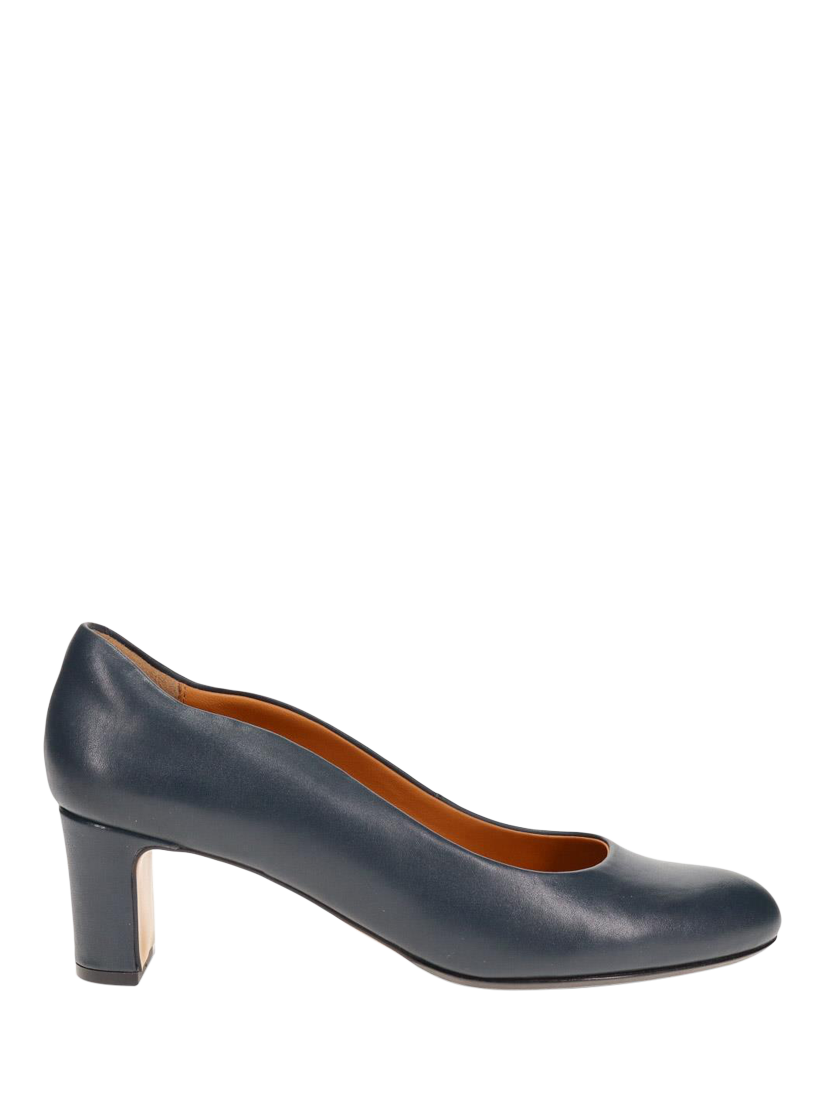 Product image 1 of 5, which shows Jones Bootmaker Zoey Leather Scallop Heeled Courts, Navy, 3