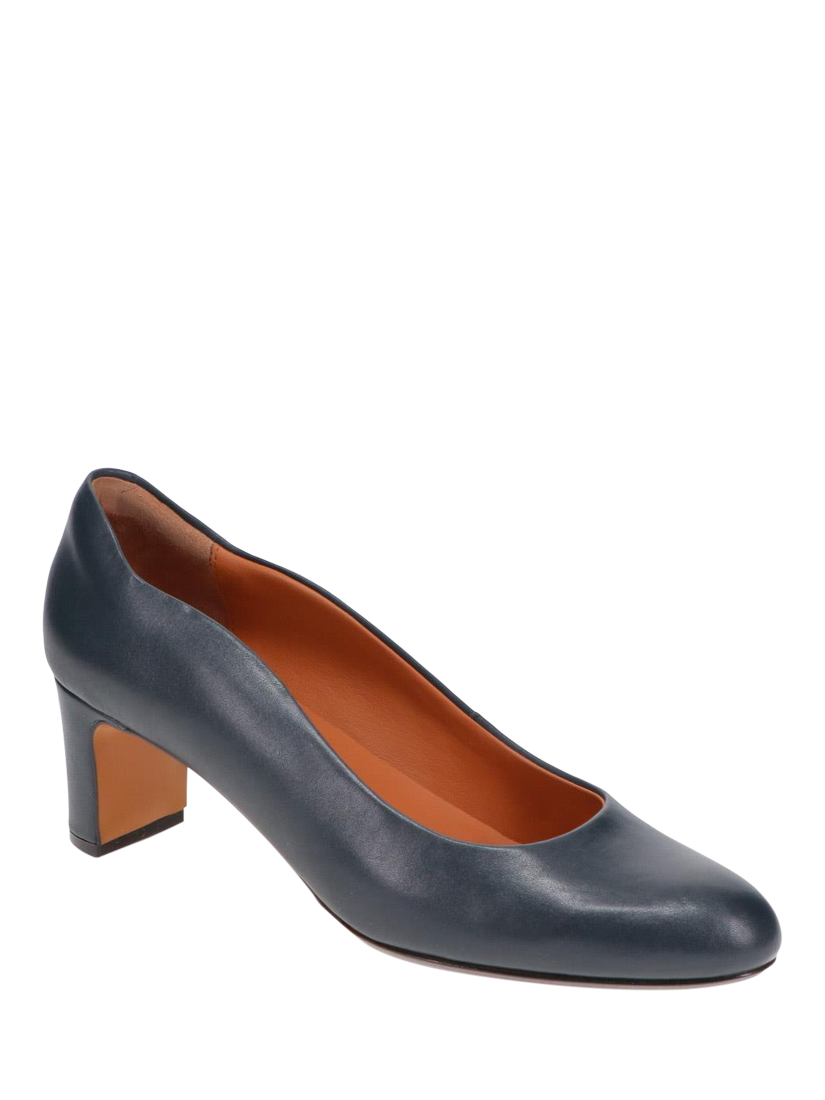 Product image 2 of 5, which shows Jones Bootmaker Zoey Leather Scallop Heeled Courts, Navy, 3