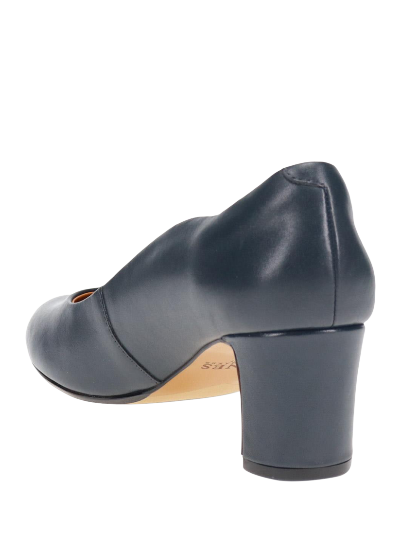 Product image 3 of 5, which shows Jones Bootmaker Zoey Leather Scallop Heeled Courts, Navy, 3
