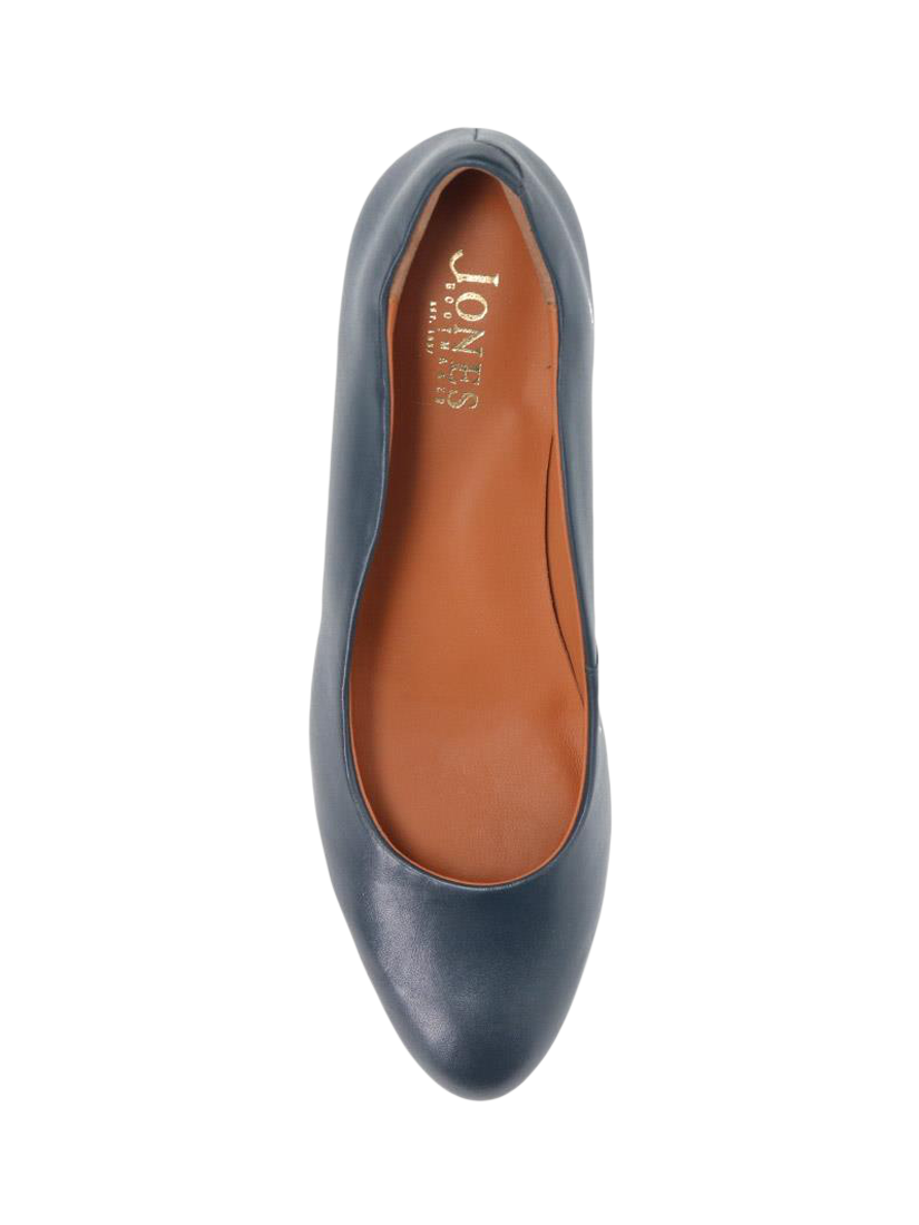 Product image 4 of 5, which shows Jones Bootmaker Zoey Leather Scallop Heeled Courts, Navy, 3