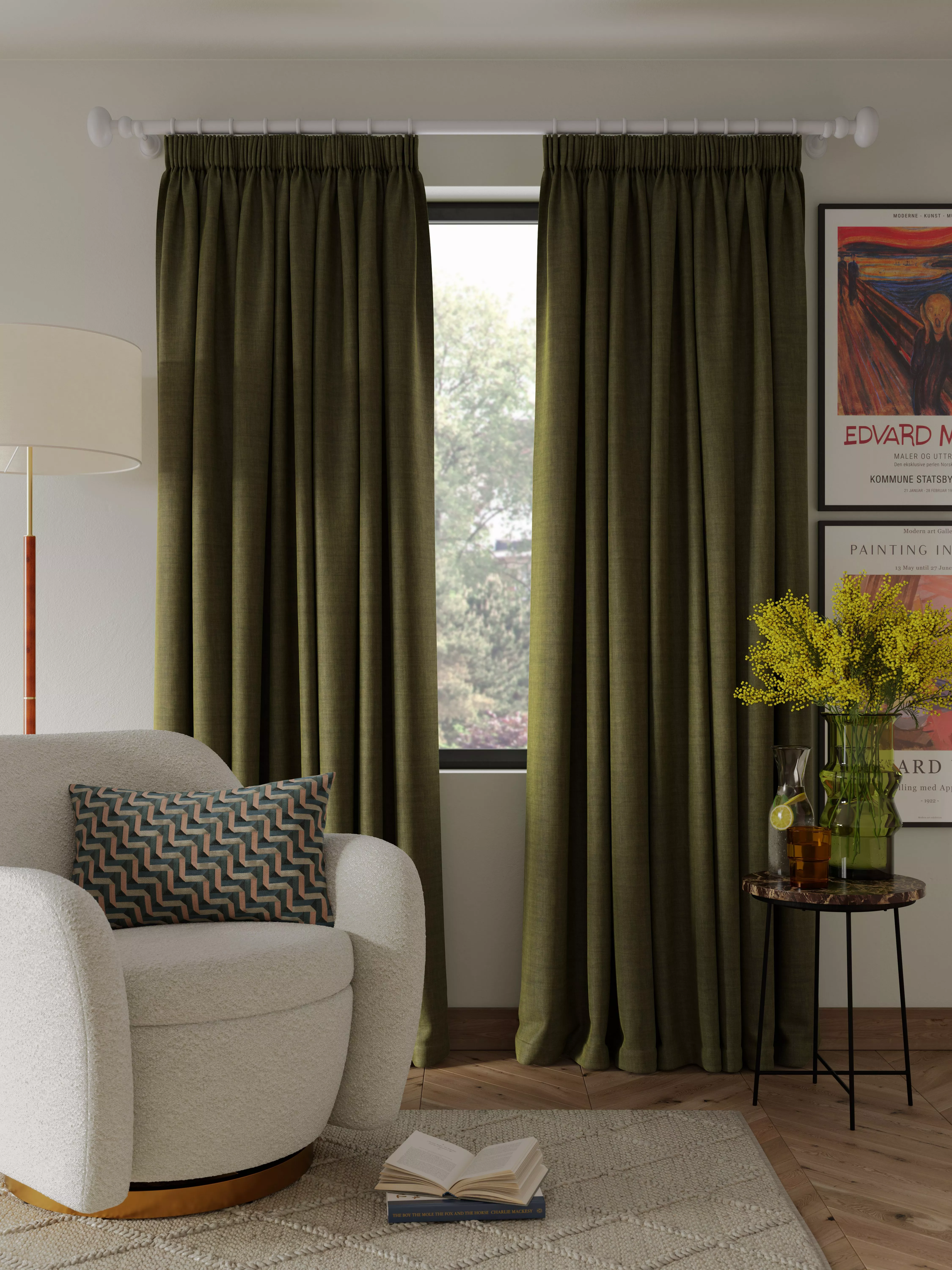 Moss green floor length curtains
