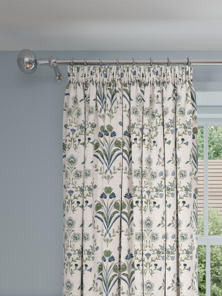 John Lewis Tulipa Embroidered Pencil Pleat Pair Lined Curtains, Lake Blue, Lake Blue