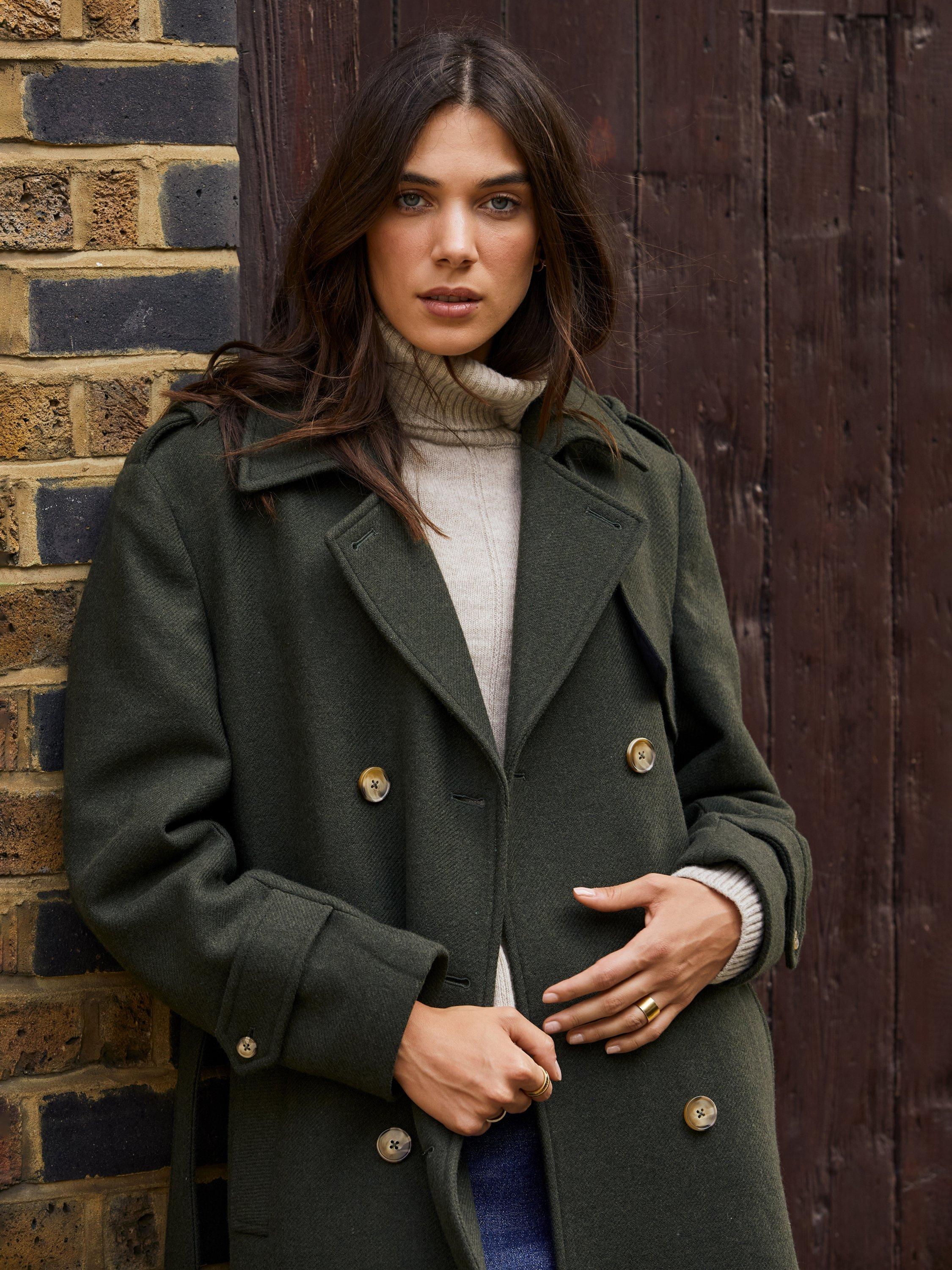 Product image 2 of 8, which shows Baukjen Ingrid Belted Wool Rich Trench Coat, Dark Olive, 6