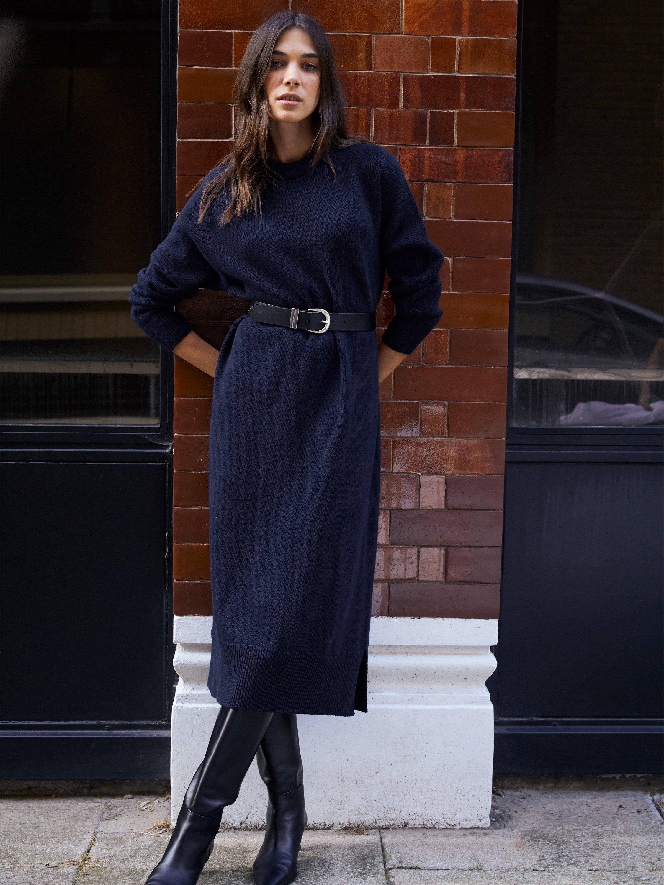 Product image 1 of 4, which shows Baukjen Moll Wool Blend Jumper Midi Dress, Classic Navy, 10