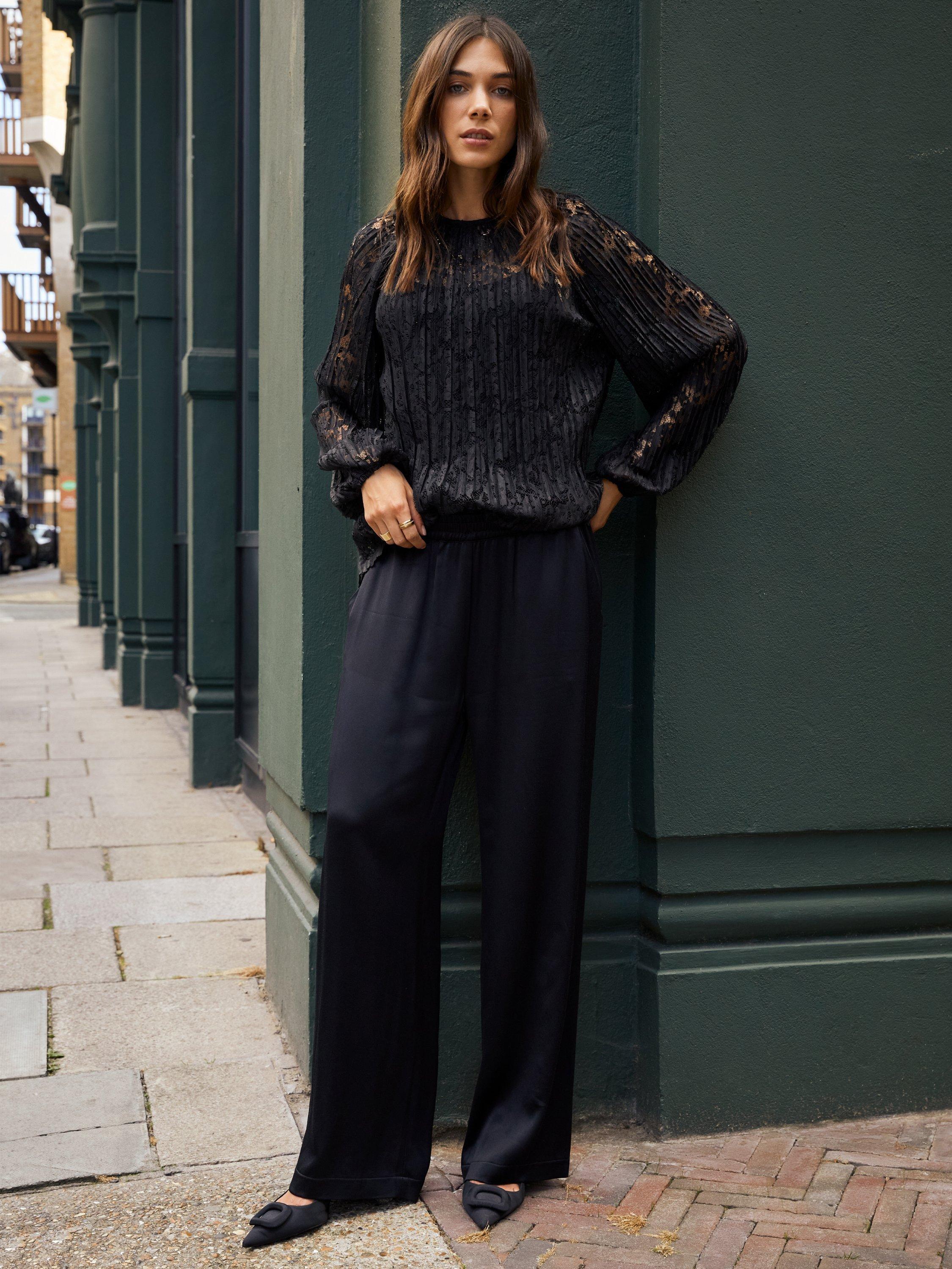 Baukjen Megan Satin Palazzo Trousers, Caviar Black