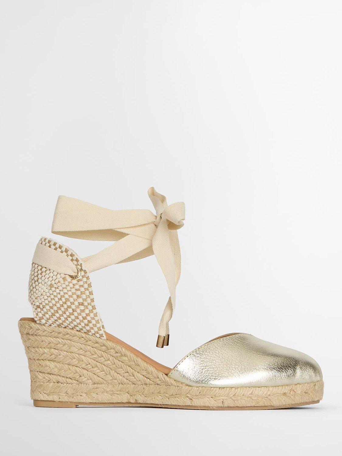 Product image 1 of 6, which shows Barbour Isla Leather Wedge Heel Espadrilles, Gold, 5