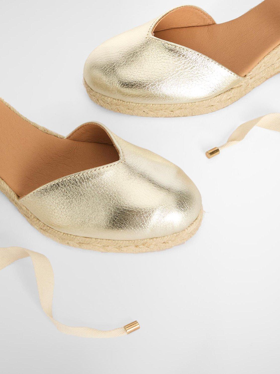 Product image 6 of 6, which shows Barbour Isla Leather Wedge Heel Espadrilles, Gold, 5