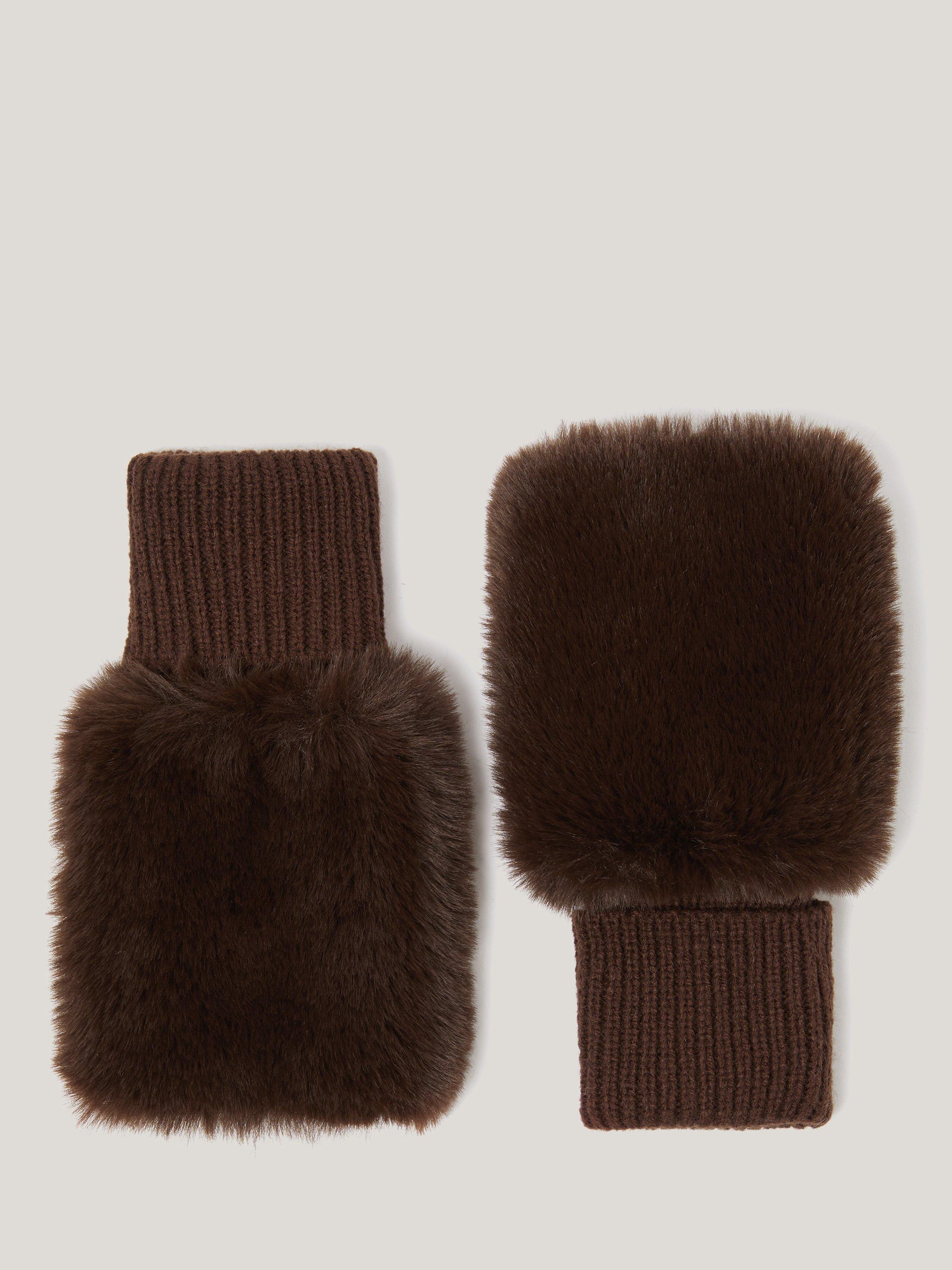 Product image 2 of 5, which shows Jigsaw Faux Fur Mittens, Chocolate, Chocolate, One Size